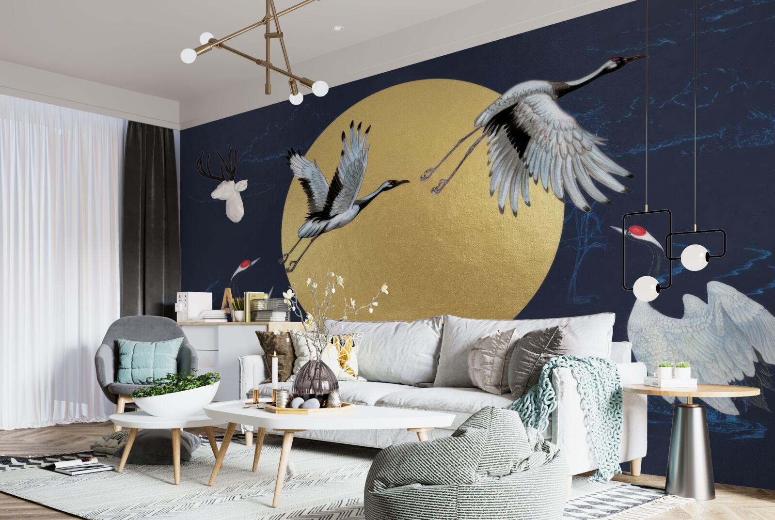 Papier peint vol d'oiseaux blancs