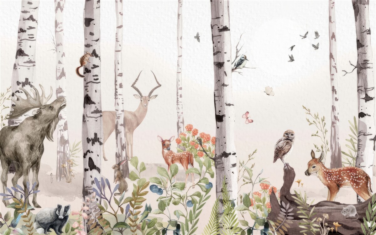 Papier peint les animaux se promènent parmi les arbres de la forêt