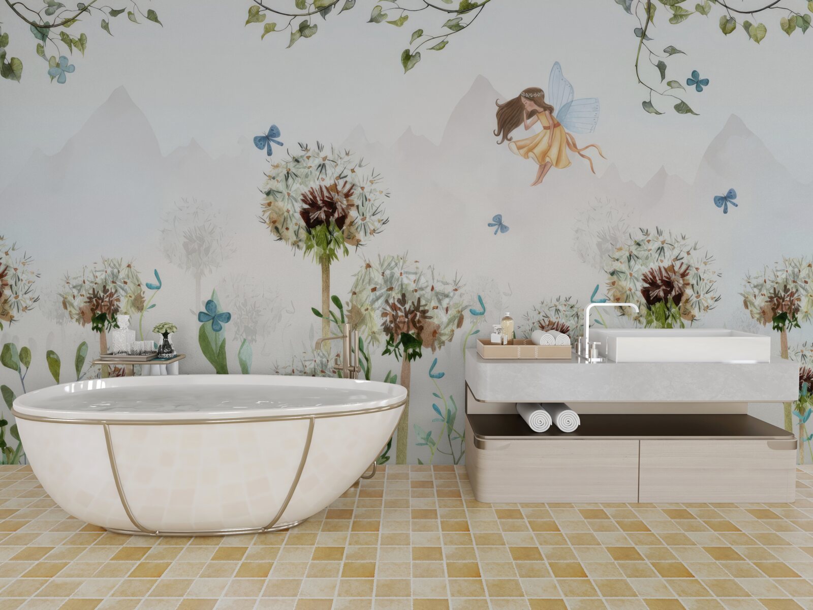 Papier peint la sorcière plane au-dessus des fleurs