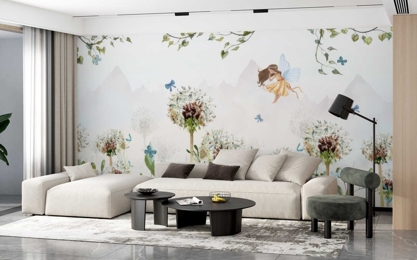 Papier peint la sorcière plane au-dessus des fleurs