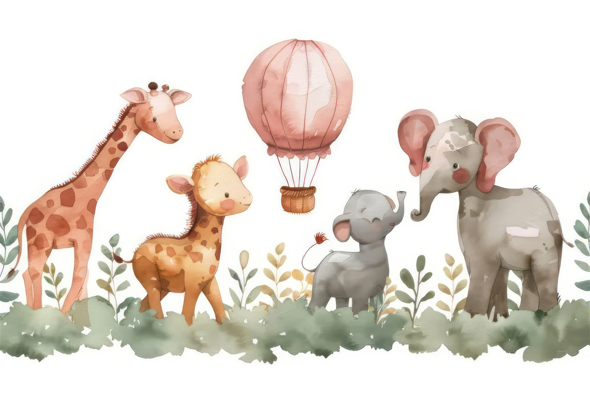Papier peint éléphanteaux et girafes