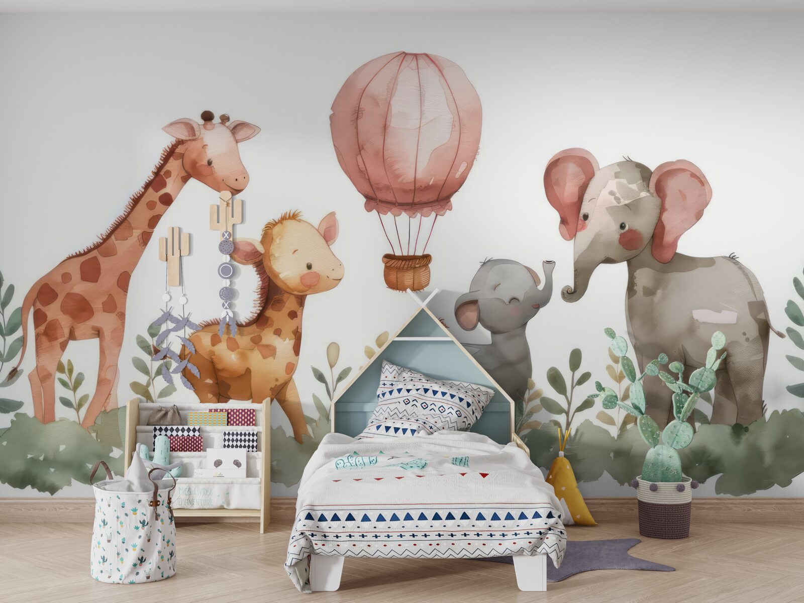 Papier peint éléphanteaux et girafes