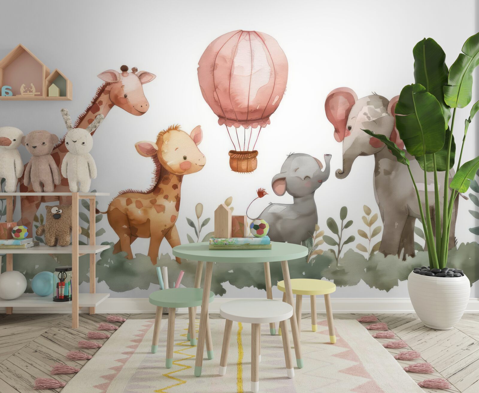 Papier peint éléphanteaux et girafes