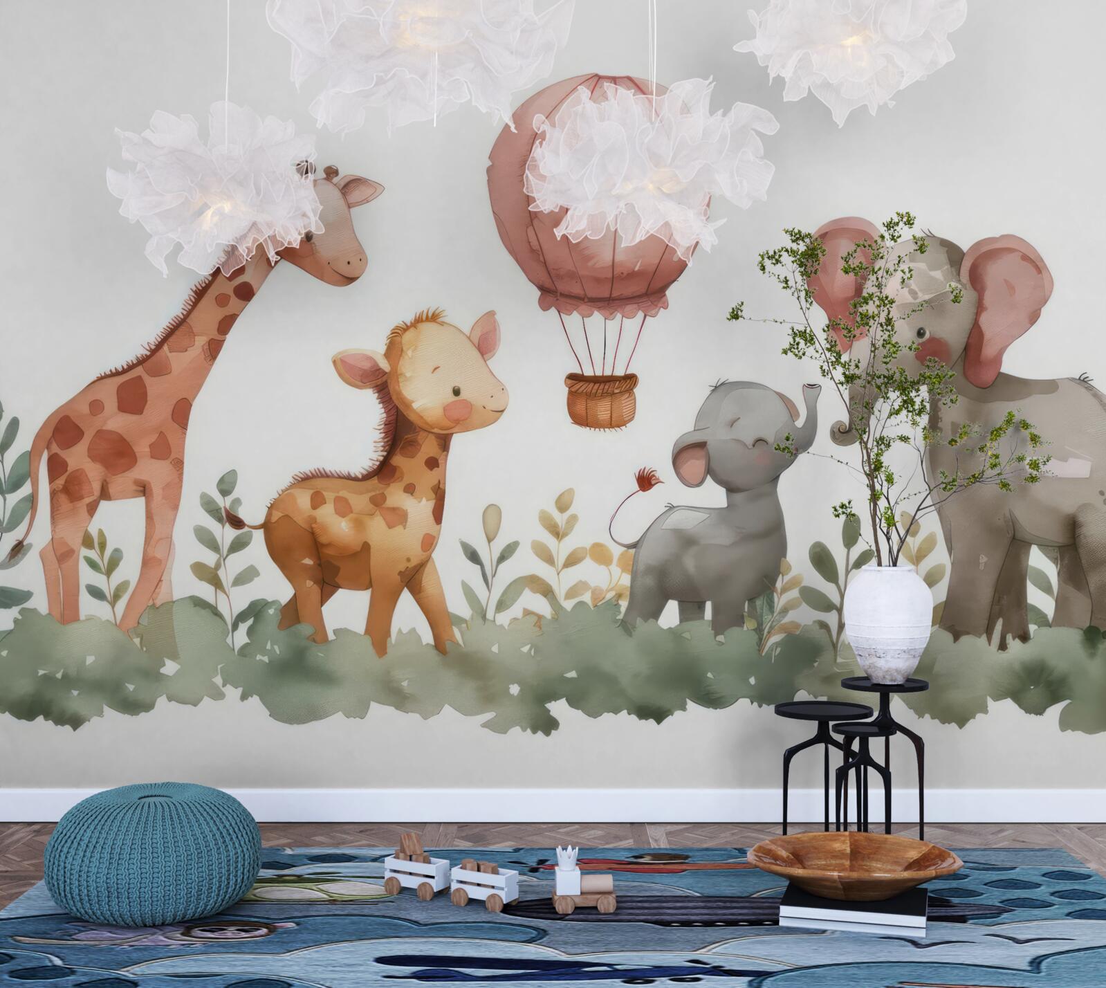 Papier peint éléphanteaux et girafes