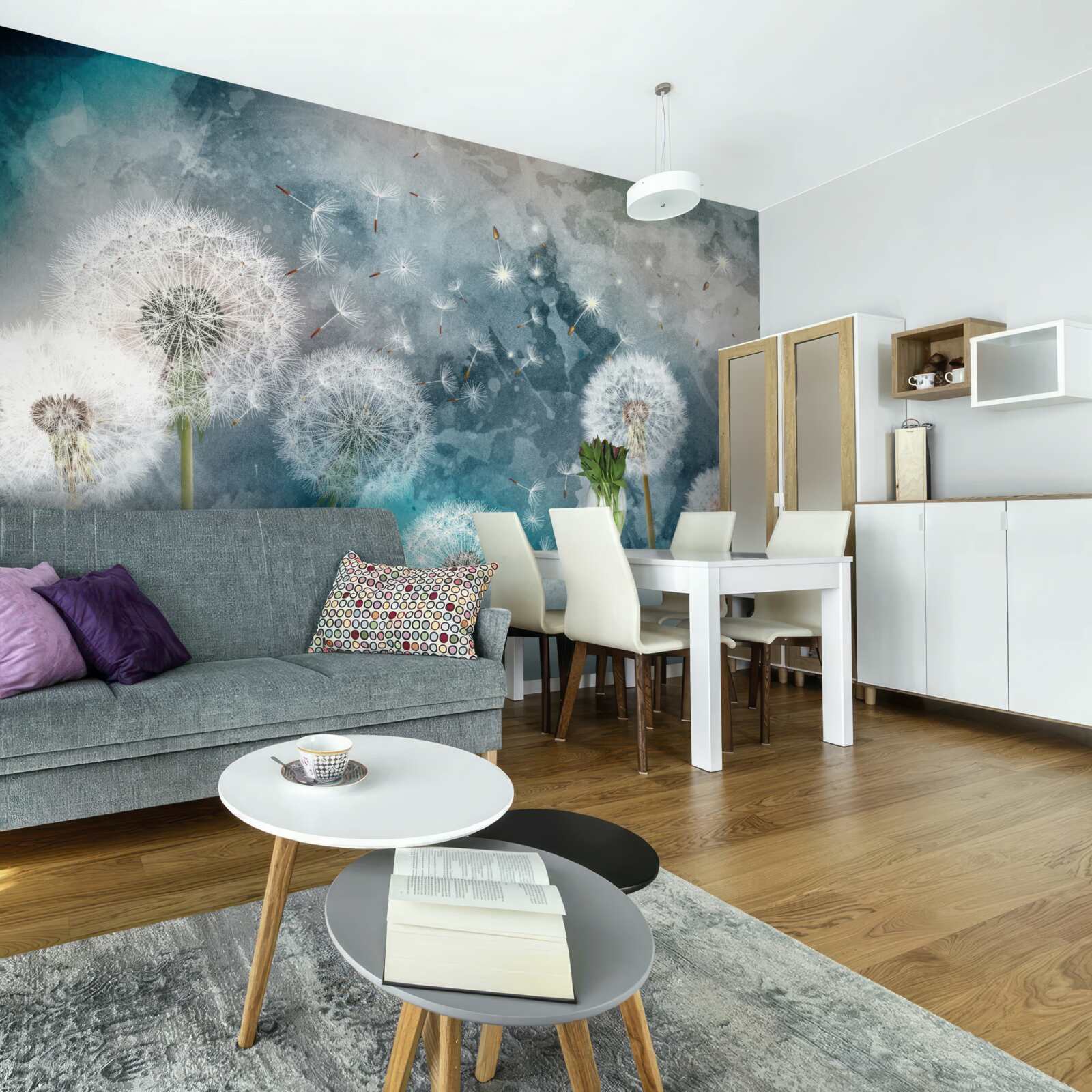 Papier peint Fleurs jaunes sur fond bleu