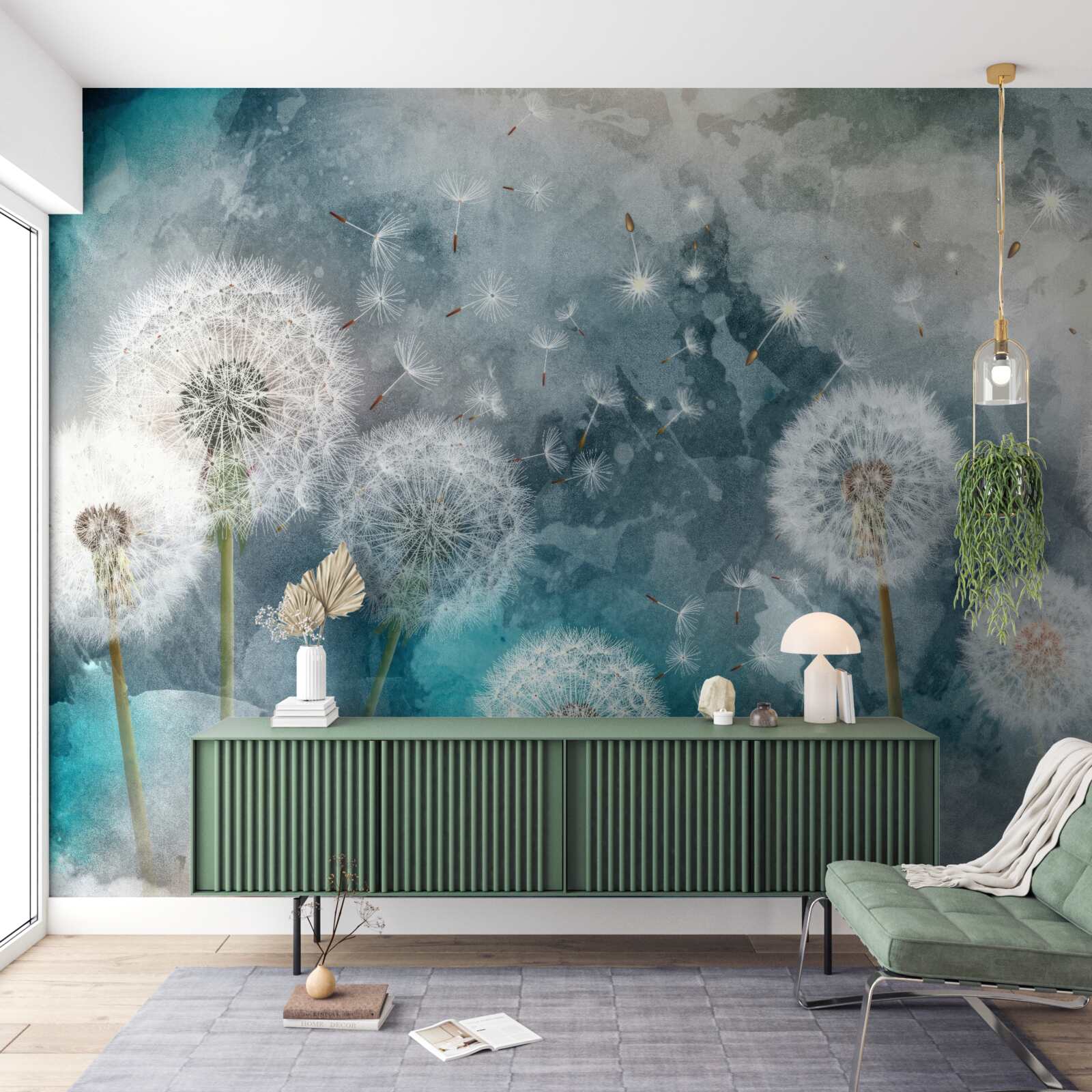 Papier peint Fleurs jaunes sur fond bleu