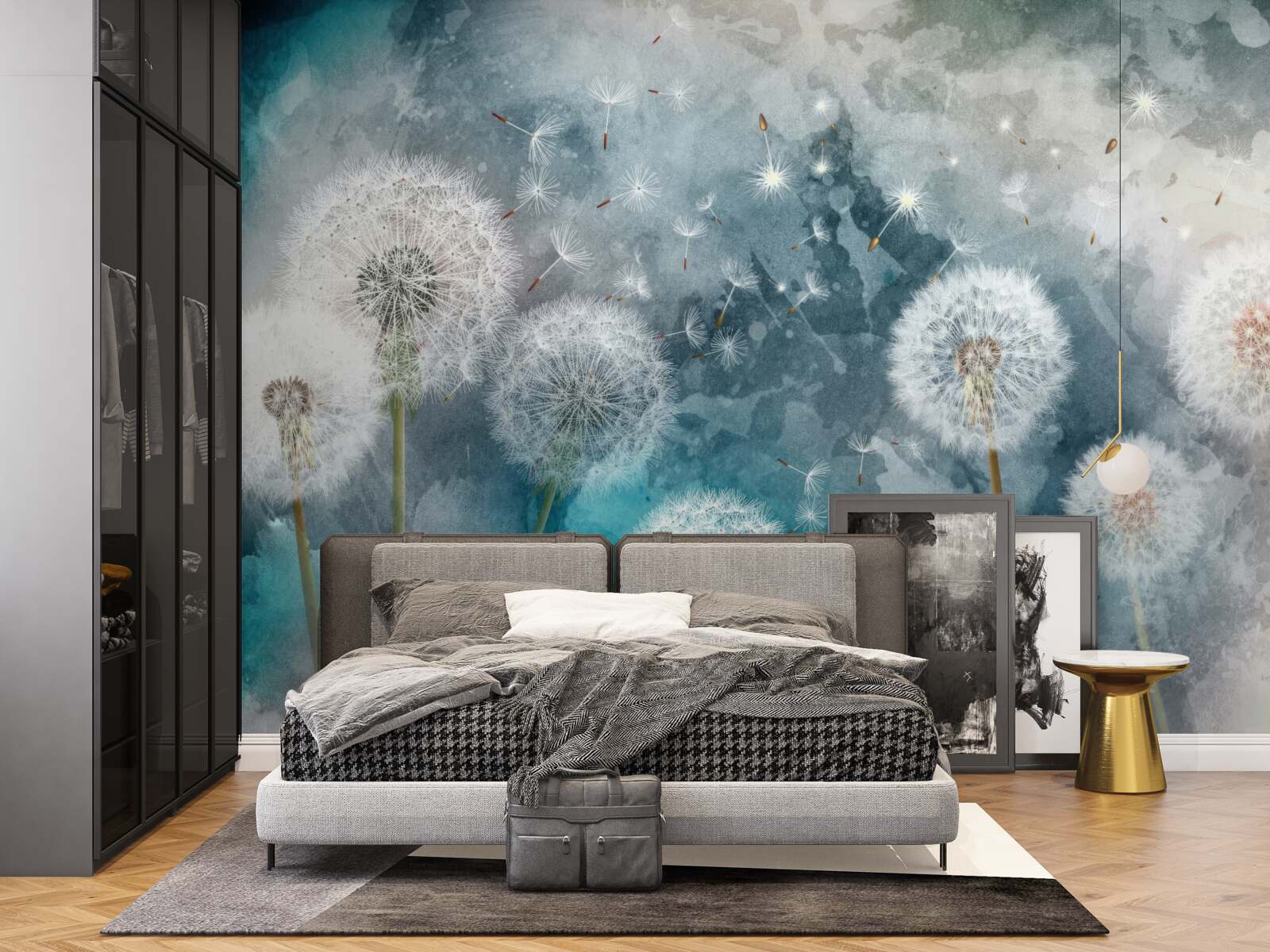 Papier peint Fleurs jaunes sur fond bleu