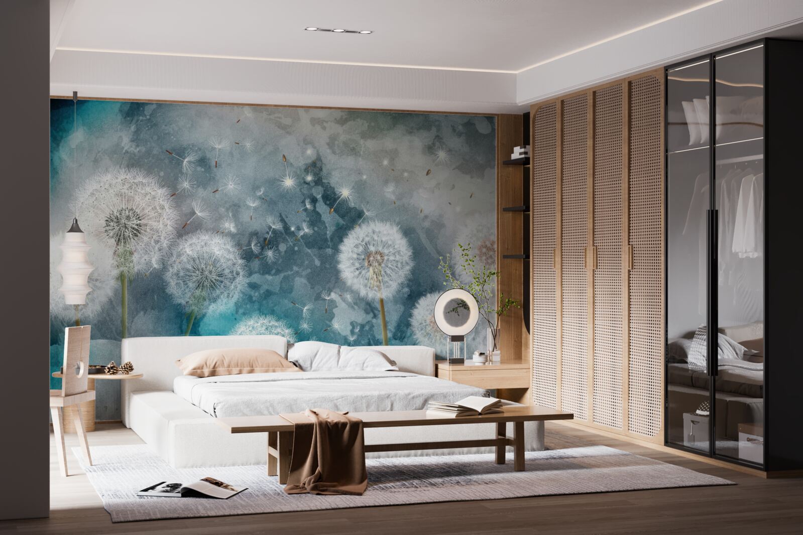 Papier peint Fleurs jaunes sur fond bleu