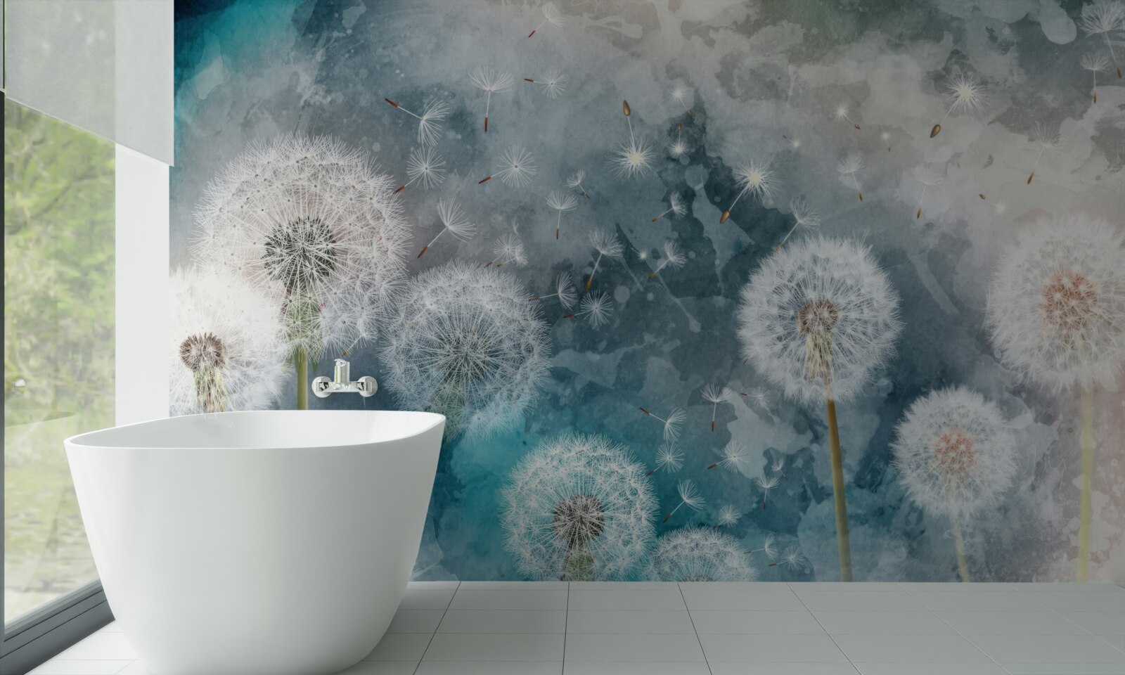 Papier peint Fleurs jaunes sur fond bleu