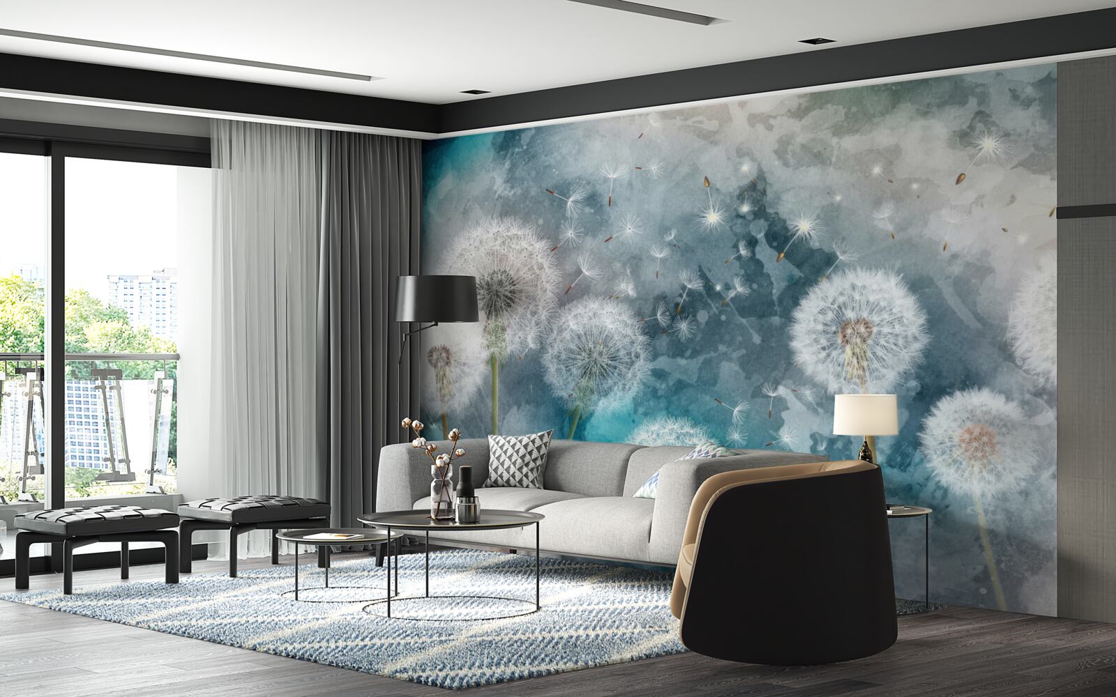 Papier peint Fleurs jaunes sur fond bleu