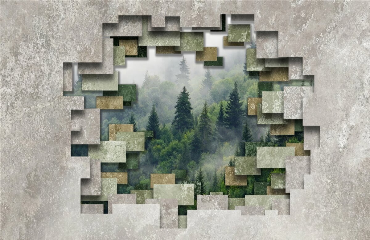 Papier peint Mur dans les ruines et conifères dans la forêt