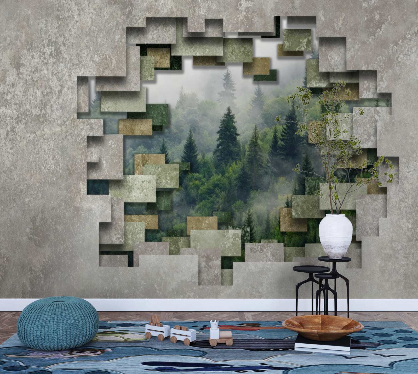 Papier peint Mur dans les ruines et conifères dans la forêt