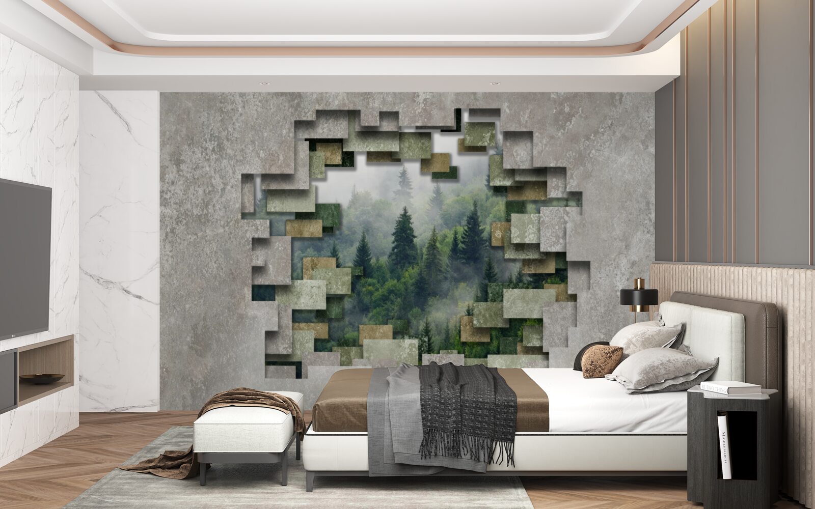 Papier peint Mur dans les ruines et conifères dans la forêt