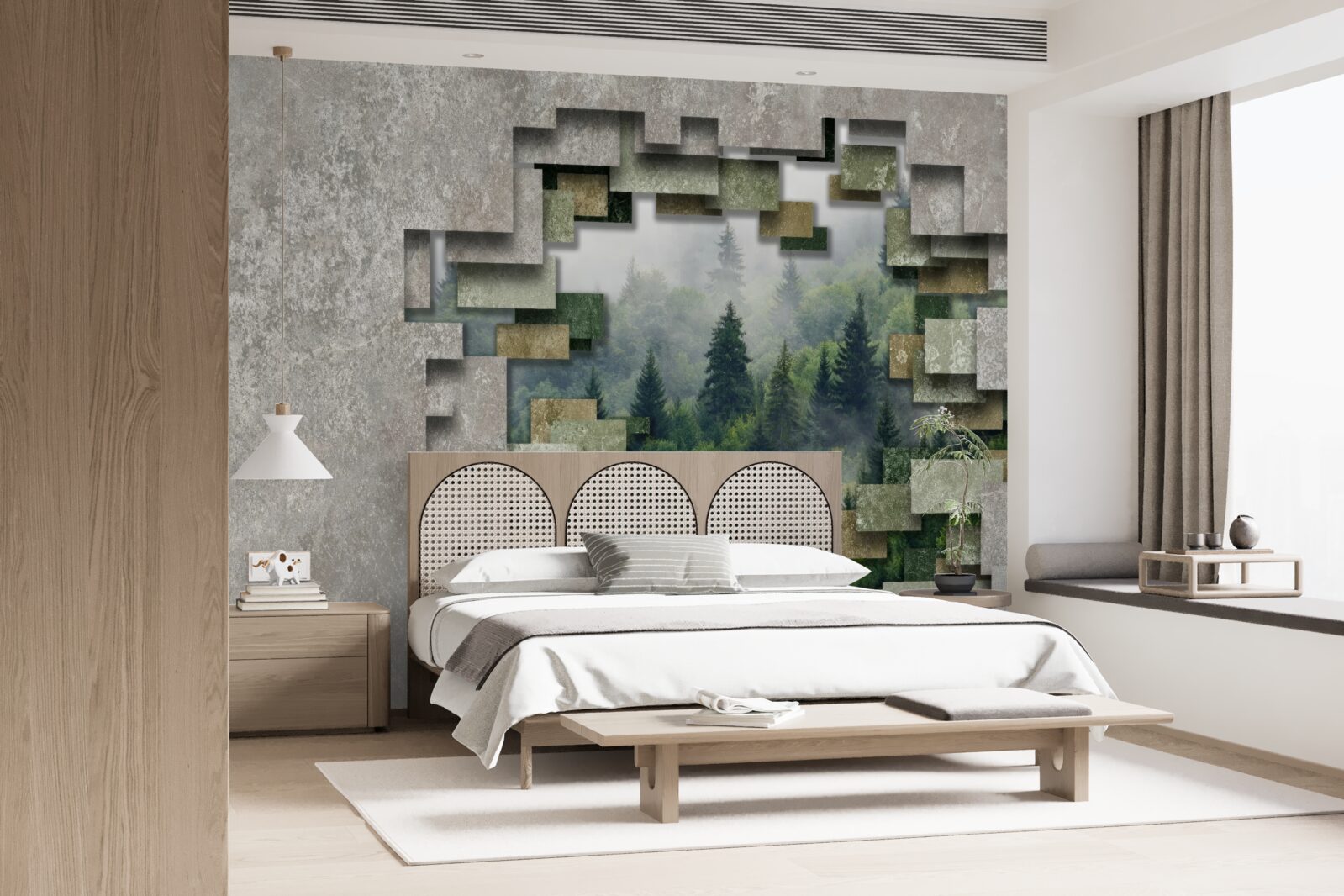 Papier peint Mur dans les ruines et conifères dans la forêt