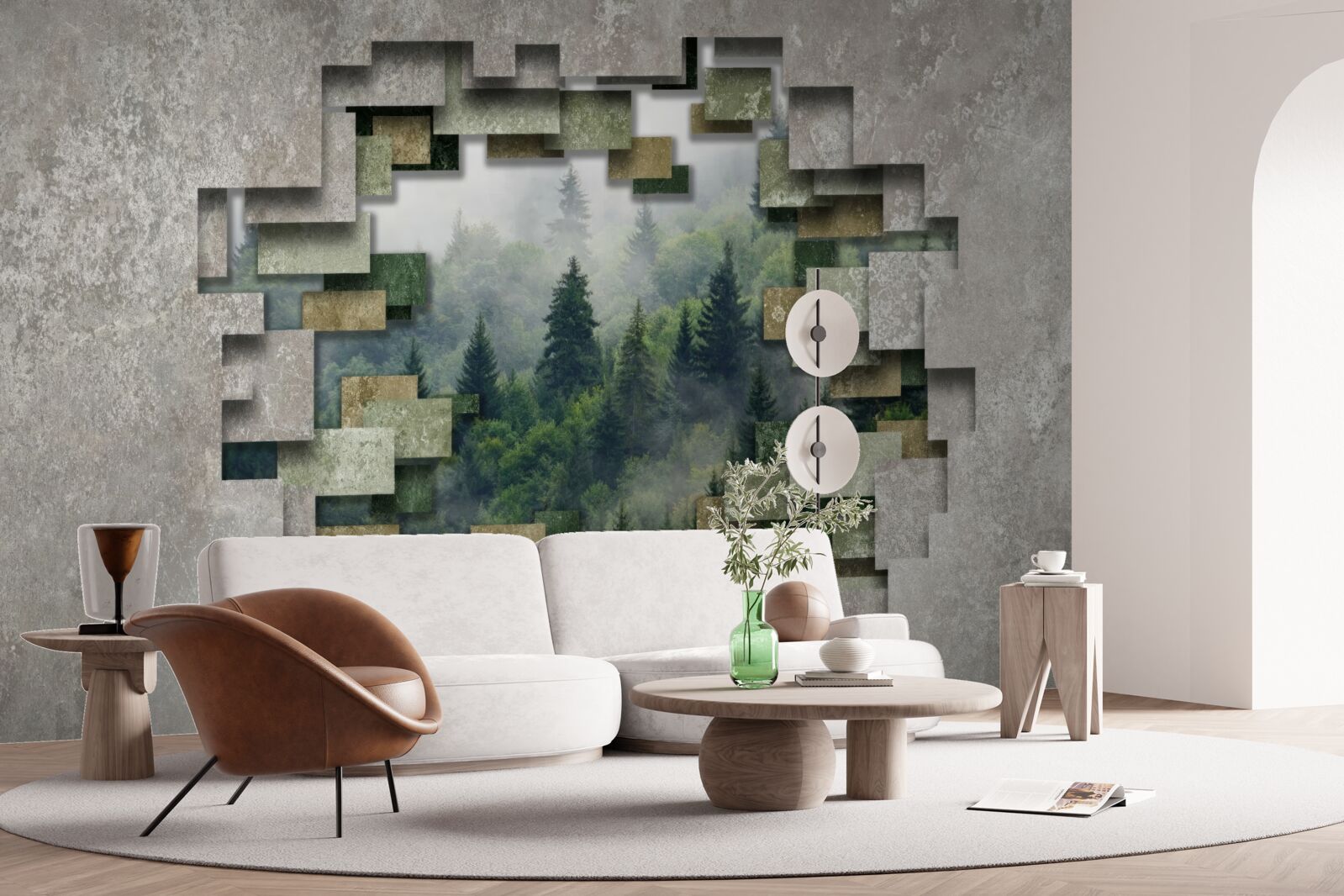 Papier peint Mur dans les ruines et conifères dans la forêt