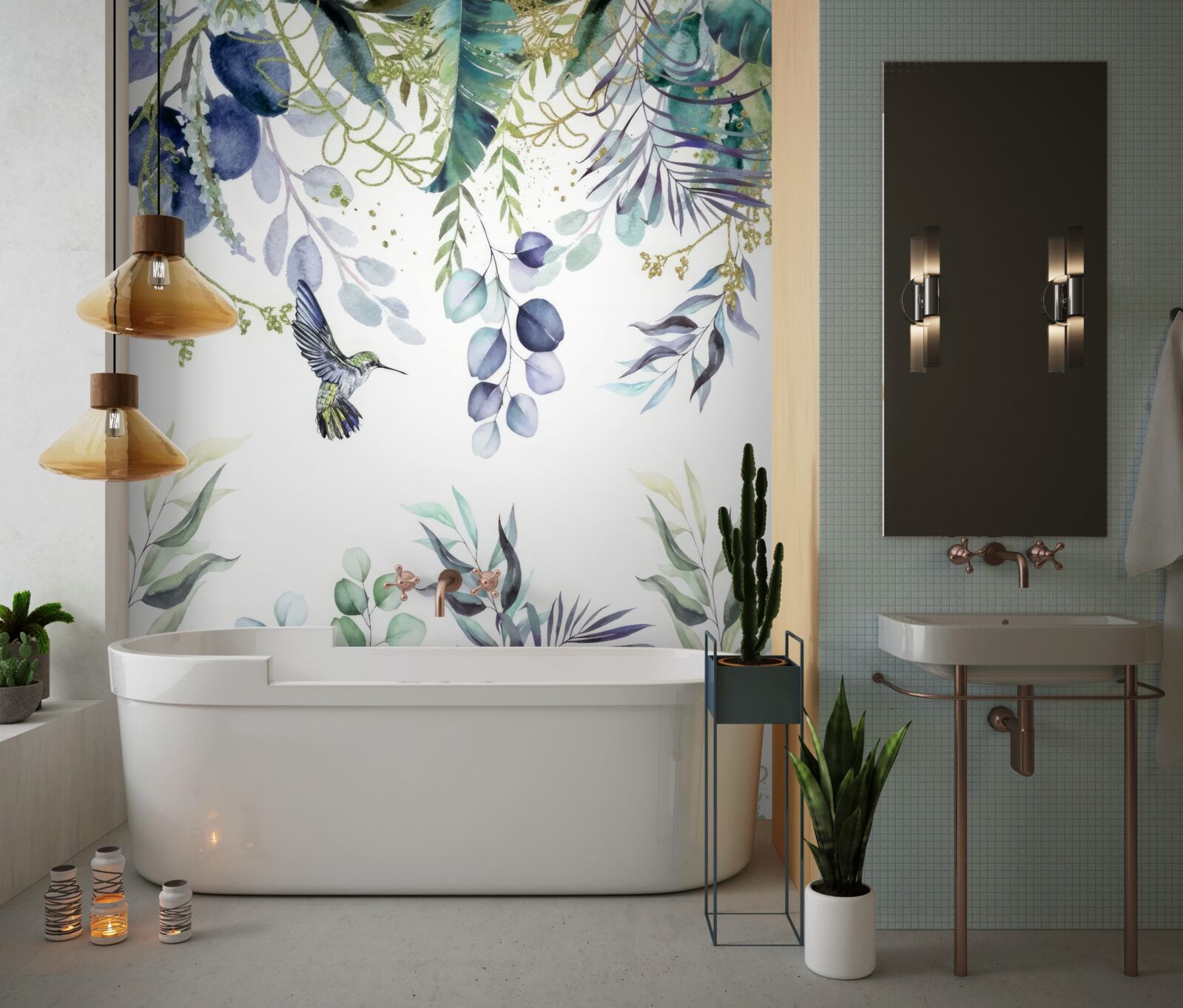 Papier peint les plantes sont entourées de colibris