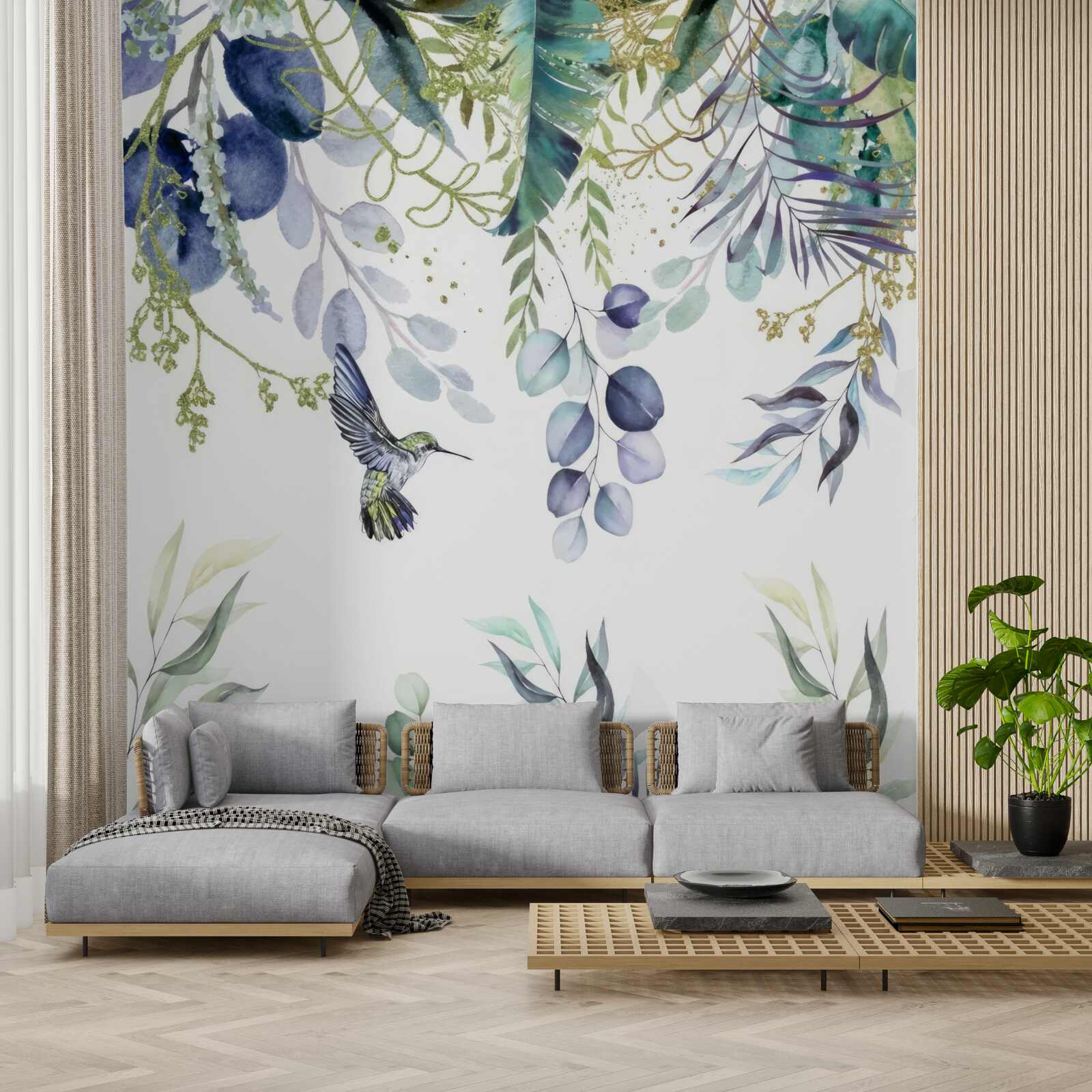 Papier peint les plantes sont entourées de colibris