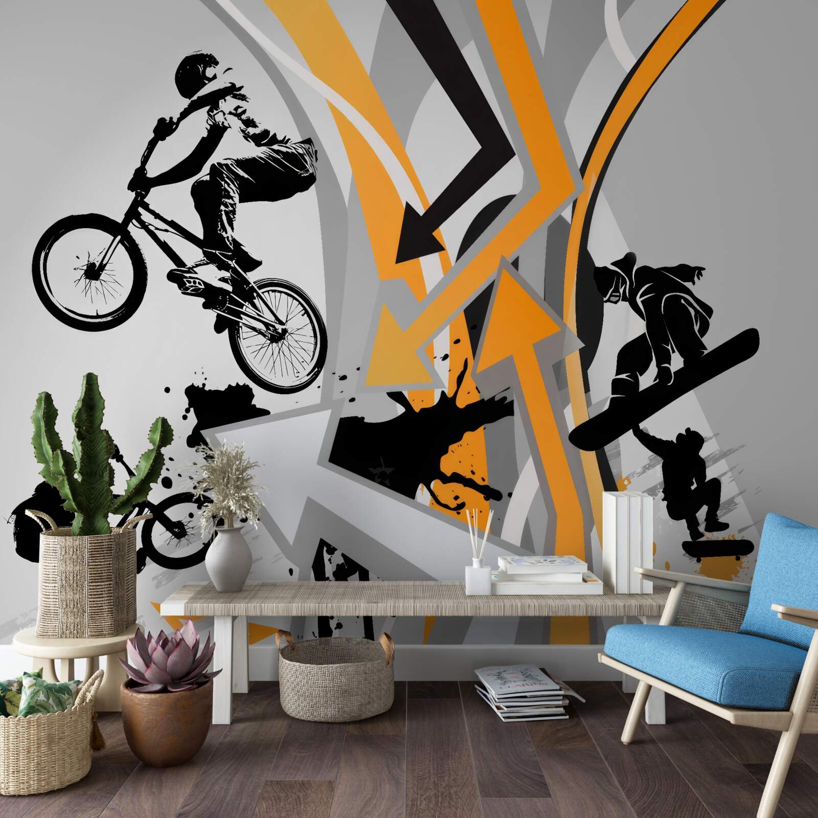 Papier peint les jeunes font du vélo et du skateboard