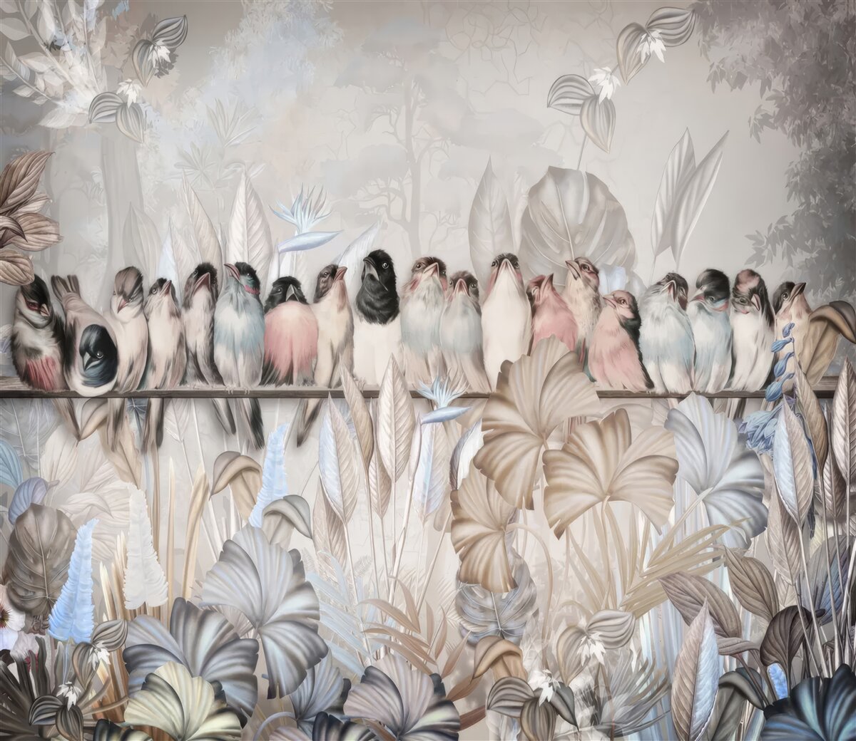 Papier peint de nombreux oiseaux s'assoient sur un bâton