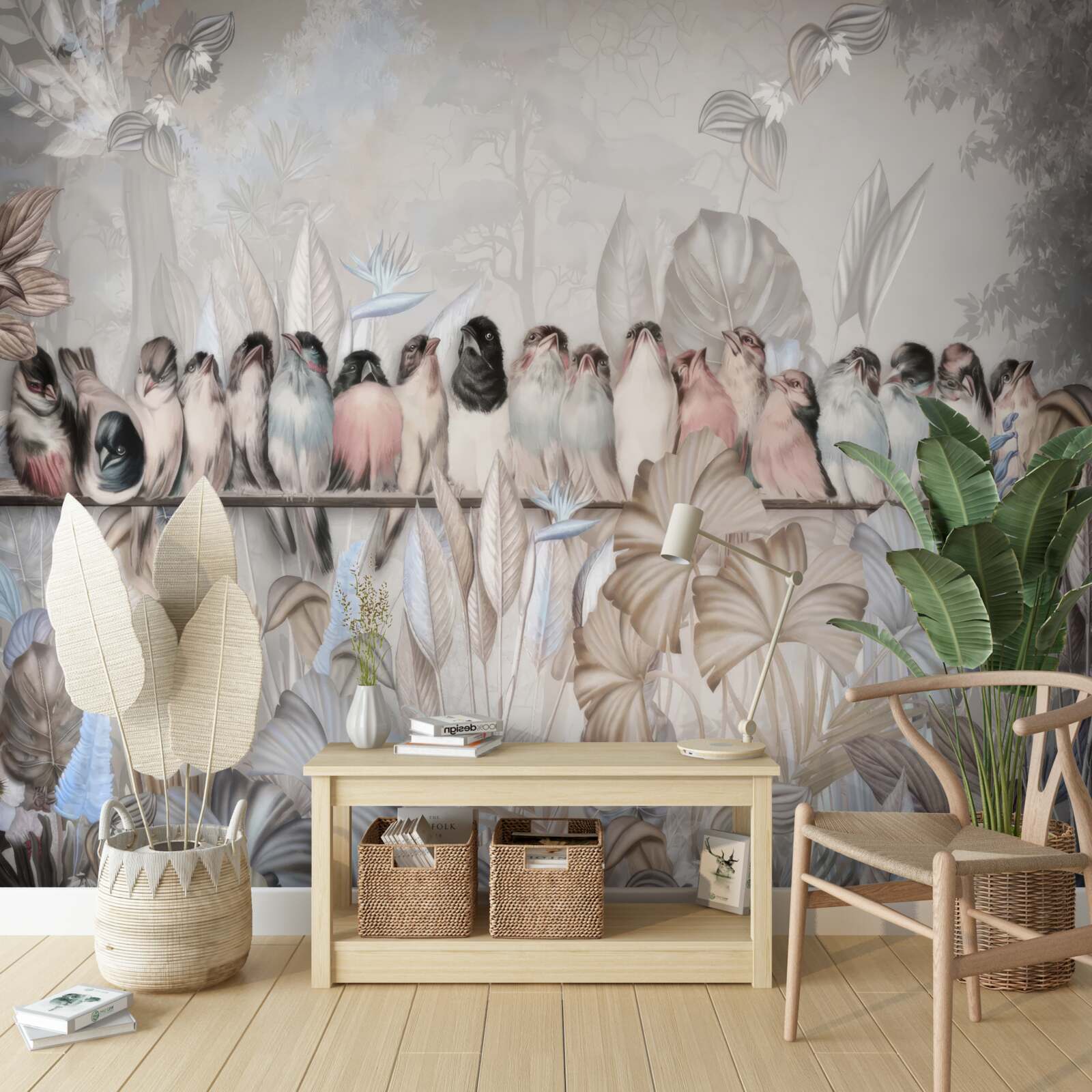 Papier peint de nombreux oiseaux s'assoient sur un bâton