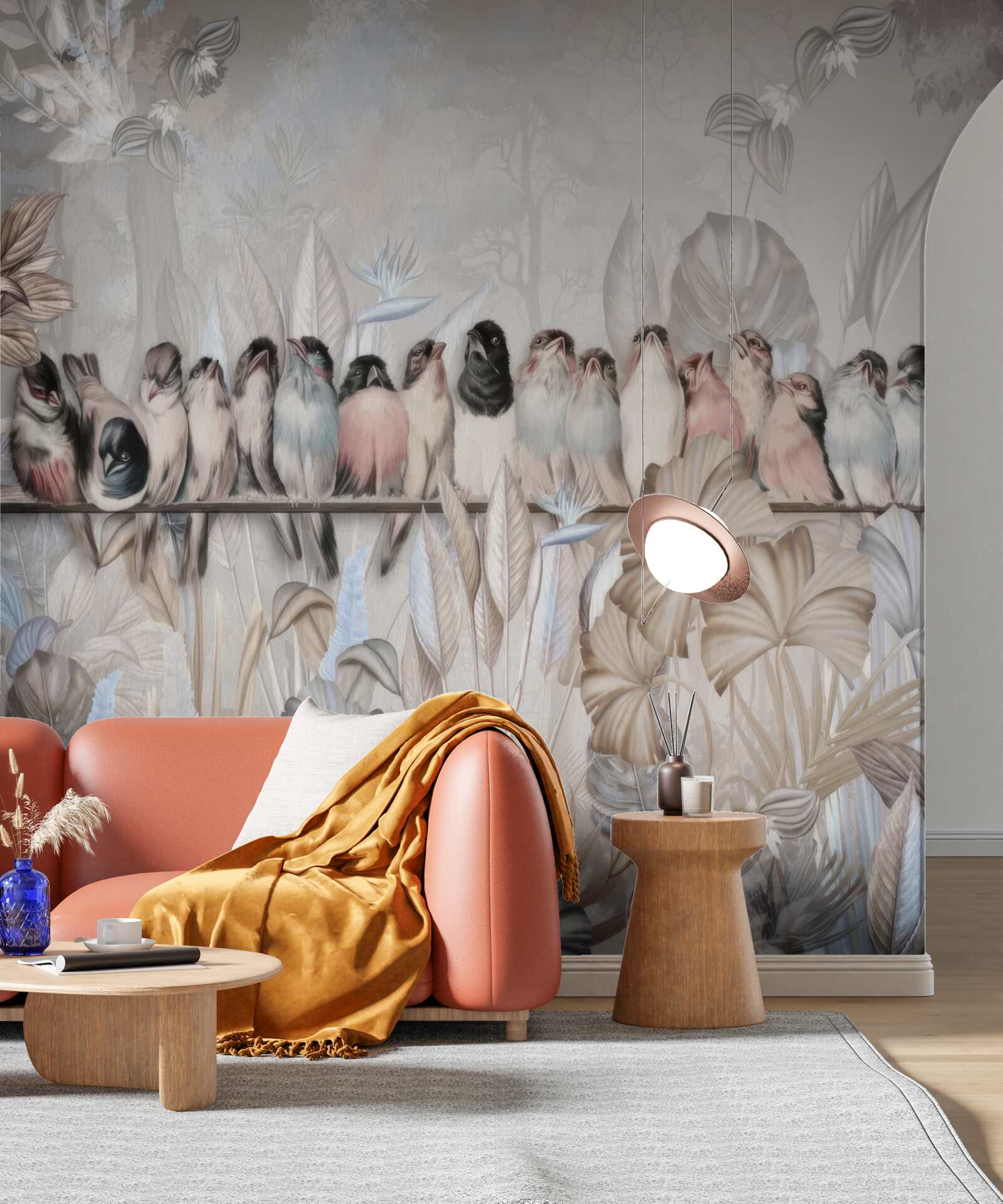 Papier peint de nombreux oiseaux s'assoient sur un bâton