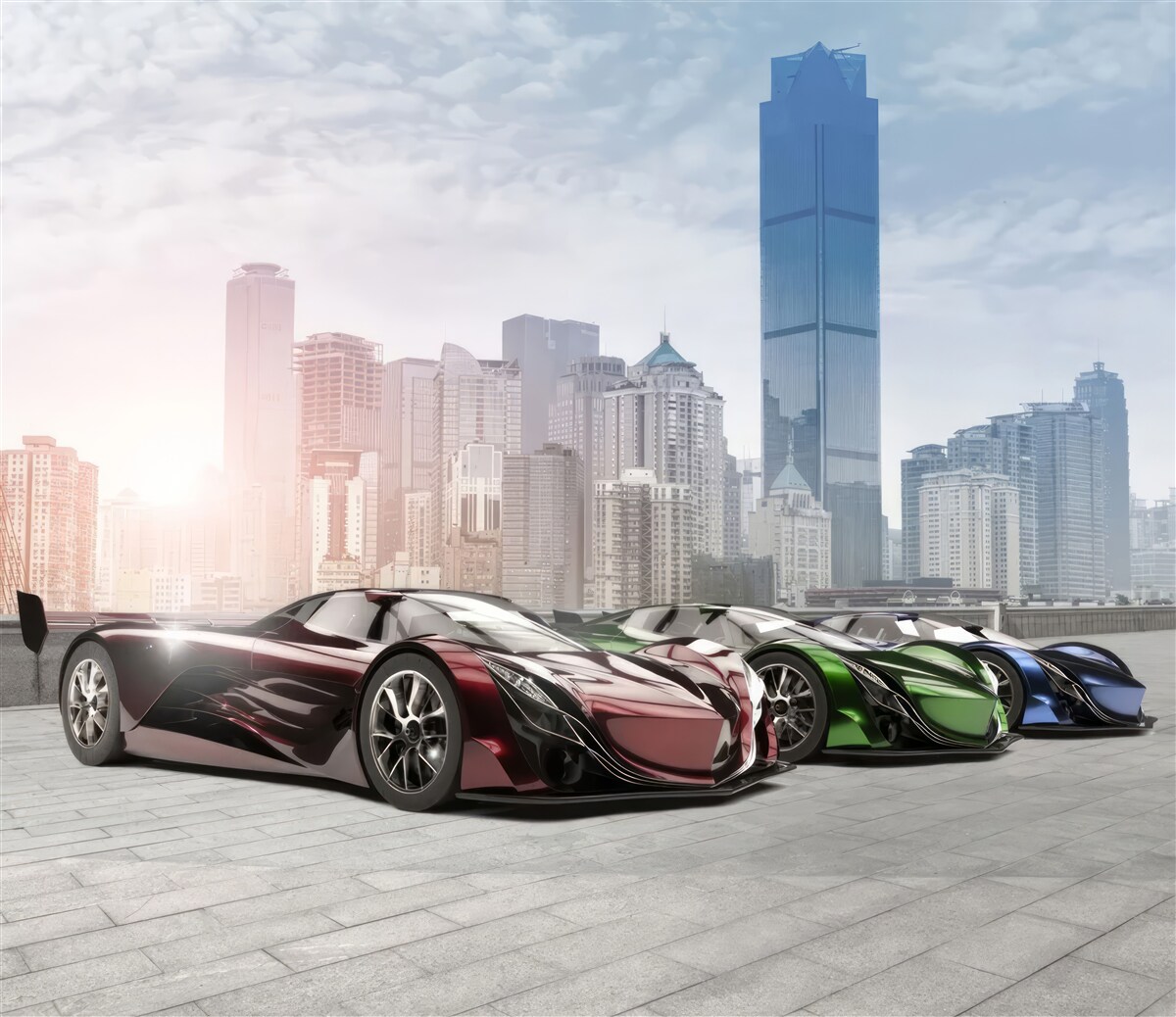 Papier peint trois voitures de sport sur fond de grande ville