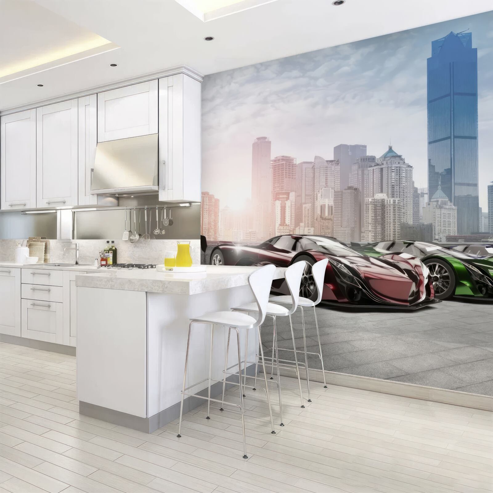 Papier peint trois voitures de sport sur fond de grande ville