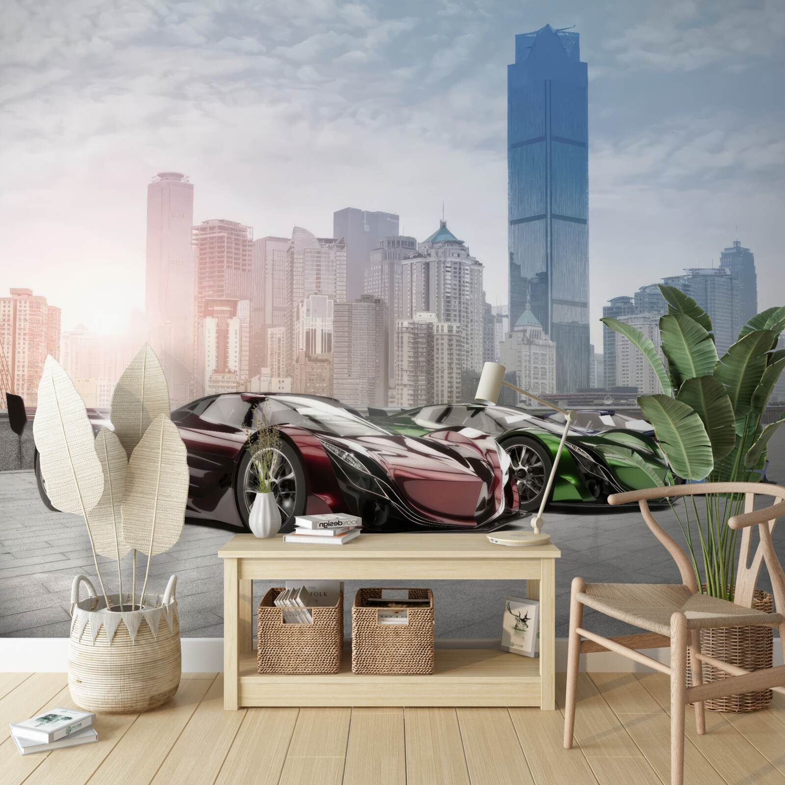 Papier peint trois voitures de sport sur fond de grande ville