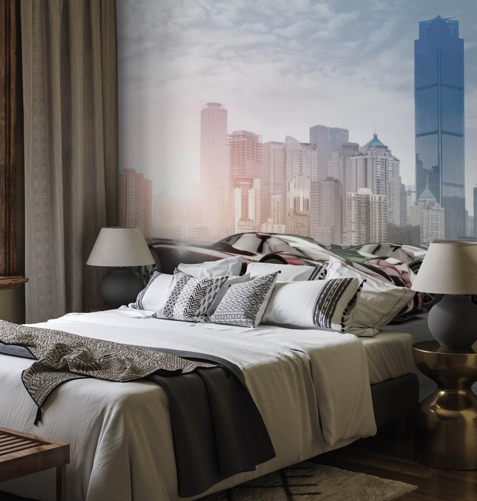 Papier peint trois voitures de sport sur fond de grande ville