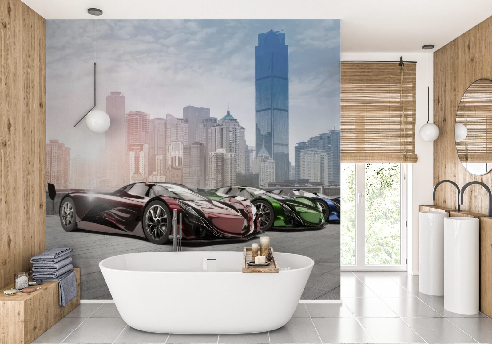 Papier peint trois voitures de sport sur fond de grande ville