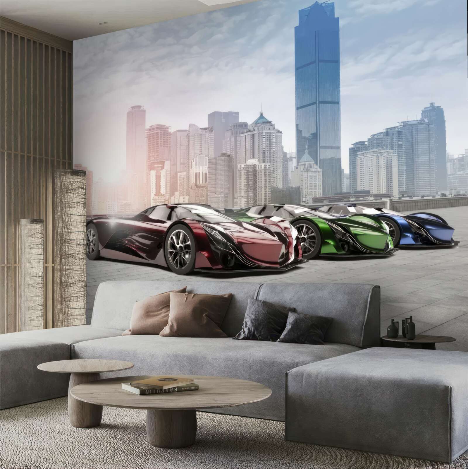 Papier peint trois voitures de sport sur fond de grande ville