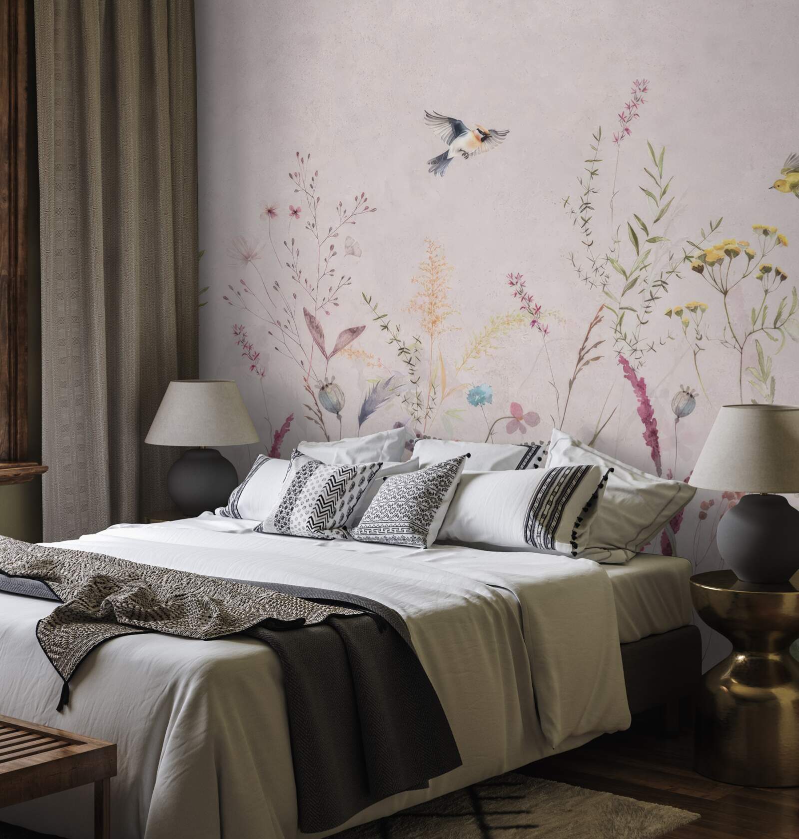 Papier peint fleurs et oiseaux