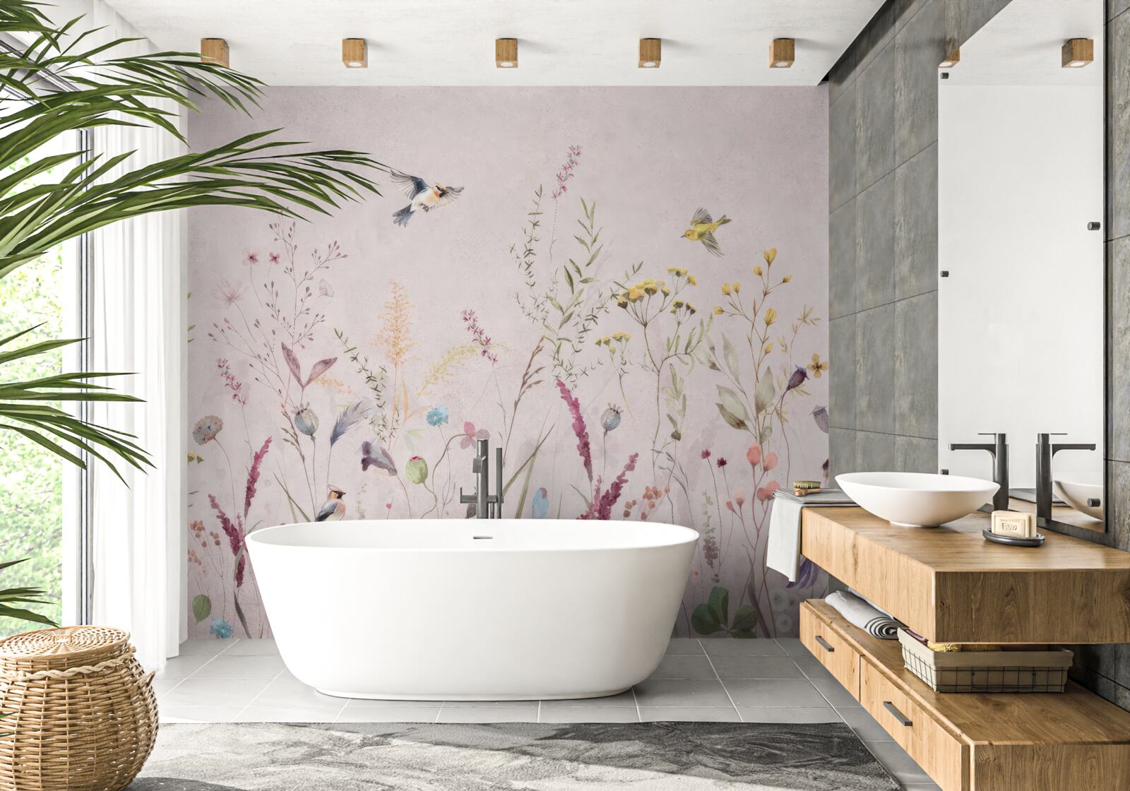 Papier peint fleurs et oiseaux