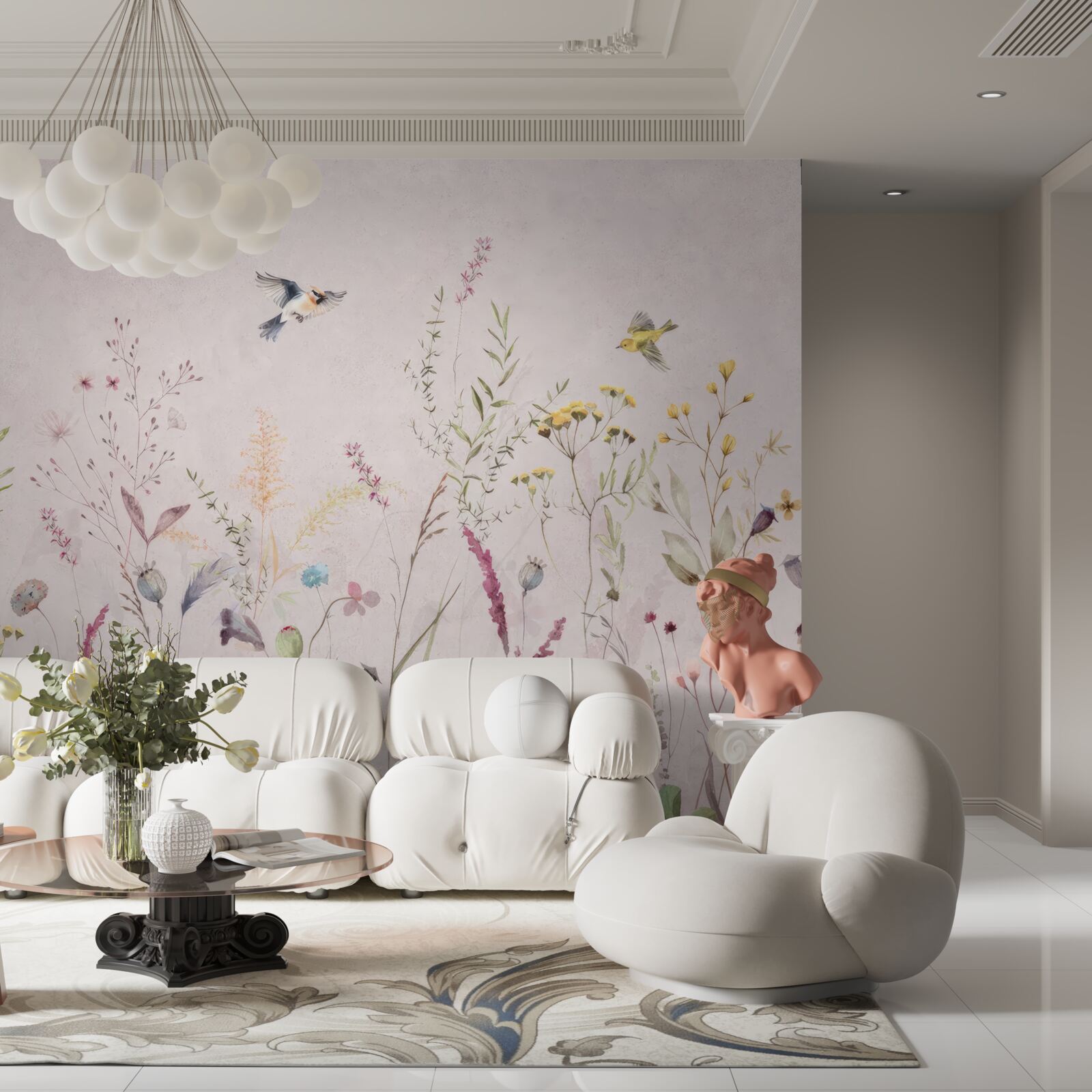 Papier peint fleurs et oiseaux