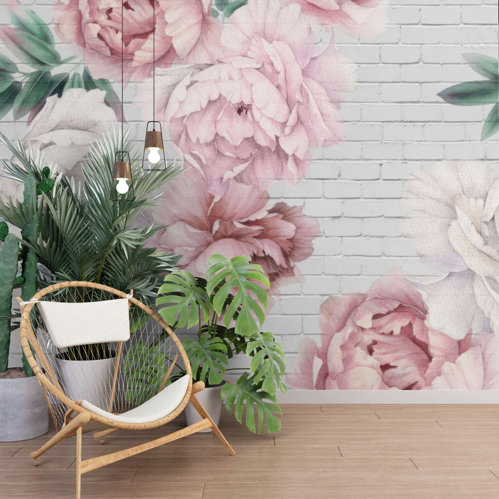 Papier peint pivoines en fleurs roses et blanches