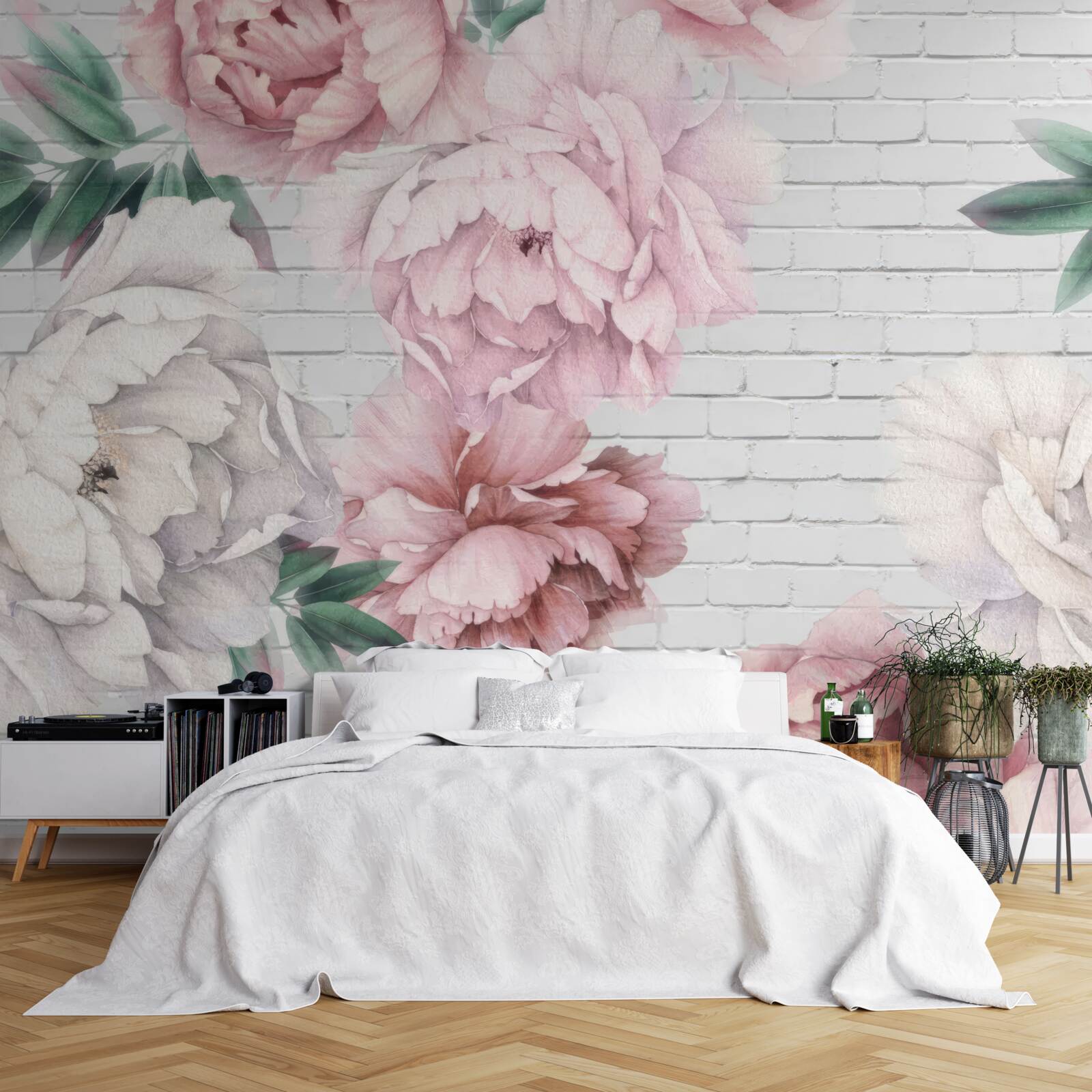 Papier peint pivoines en fleurs roses et blanches