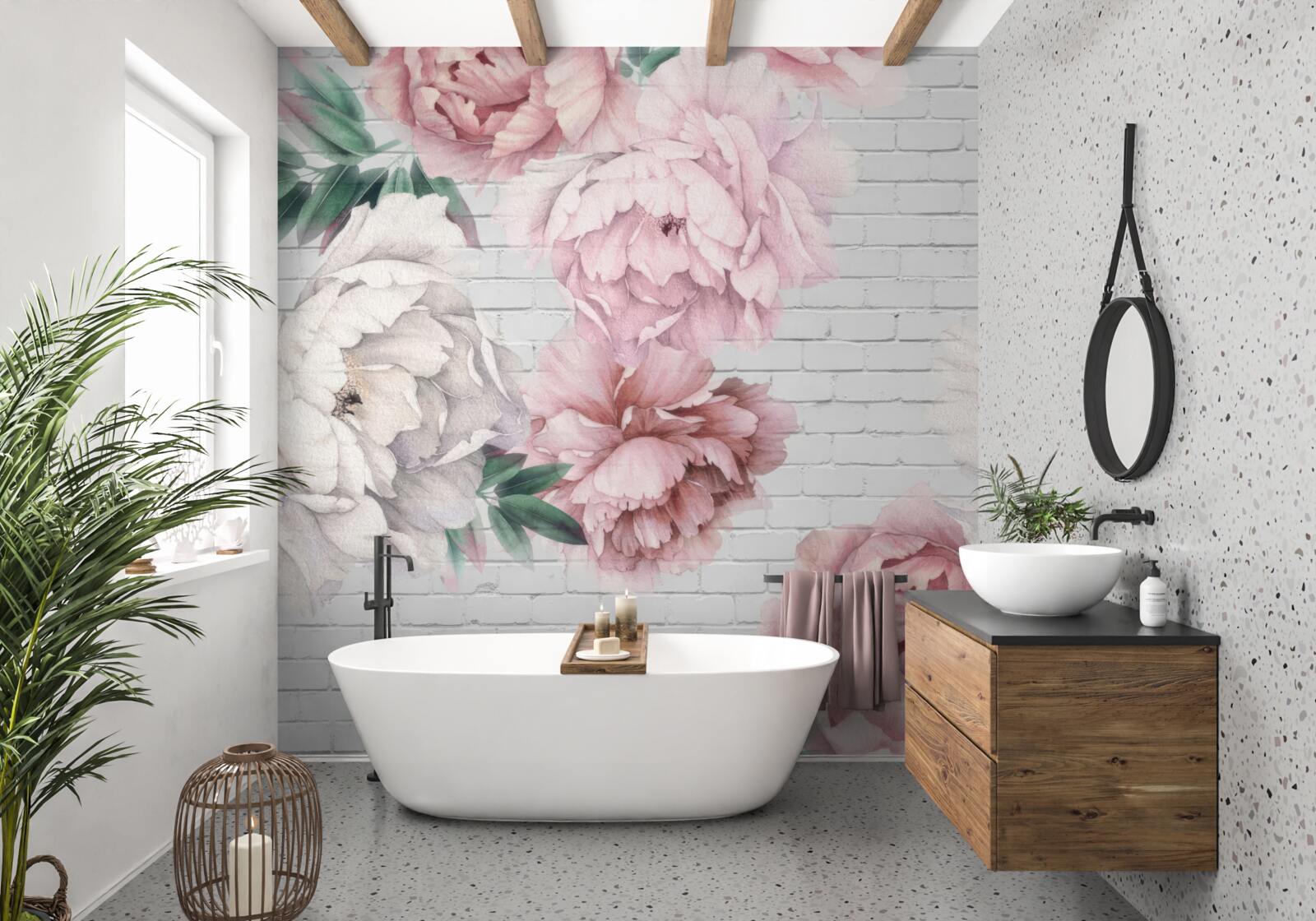 Papier peint pivoines en fleurs roses et blanches