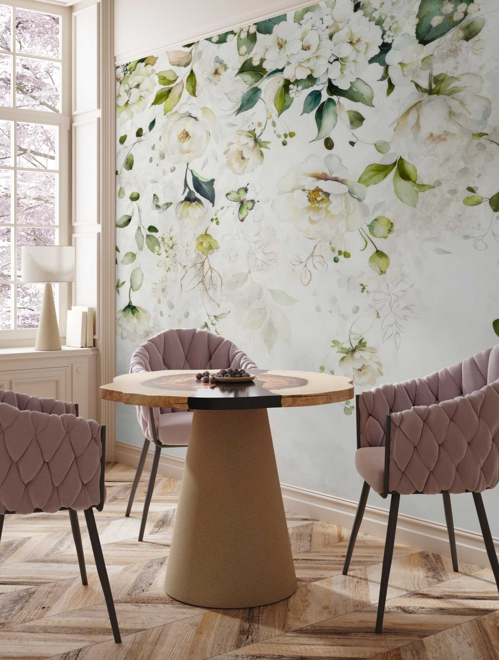 Papier peint des branches décorées de fleurs blanches sont suspendues