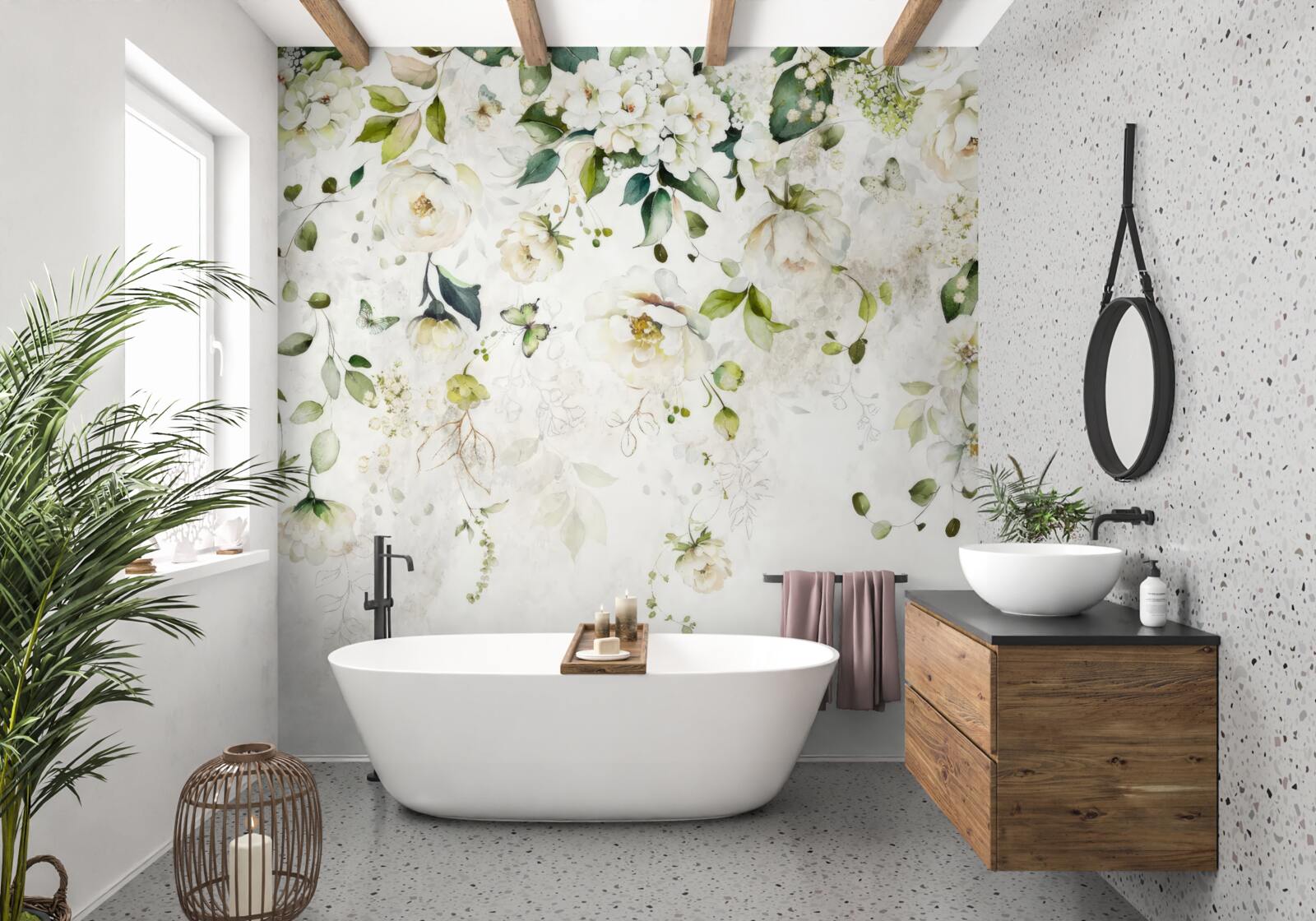 Papier peint des branches décorées de fleurs blanches sont suspendues