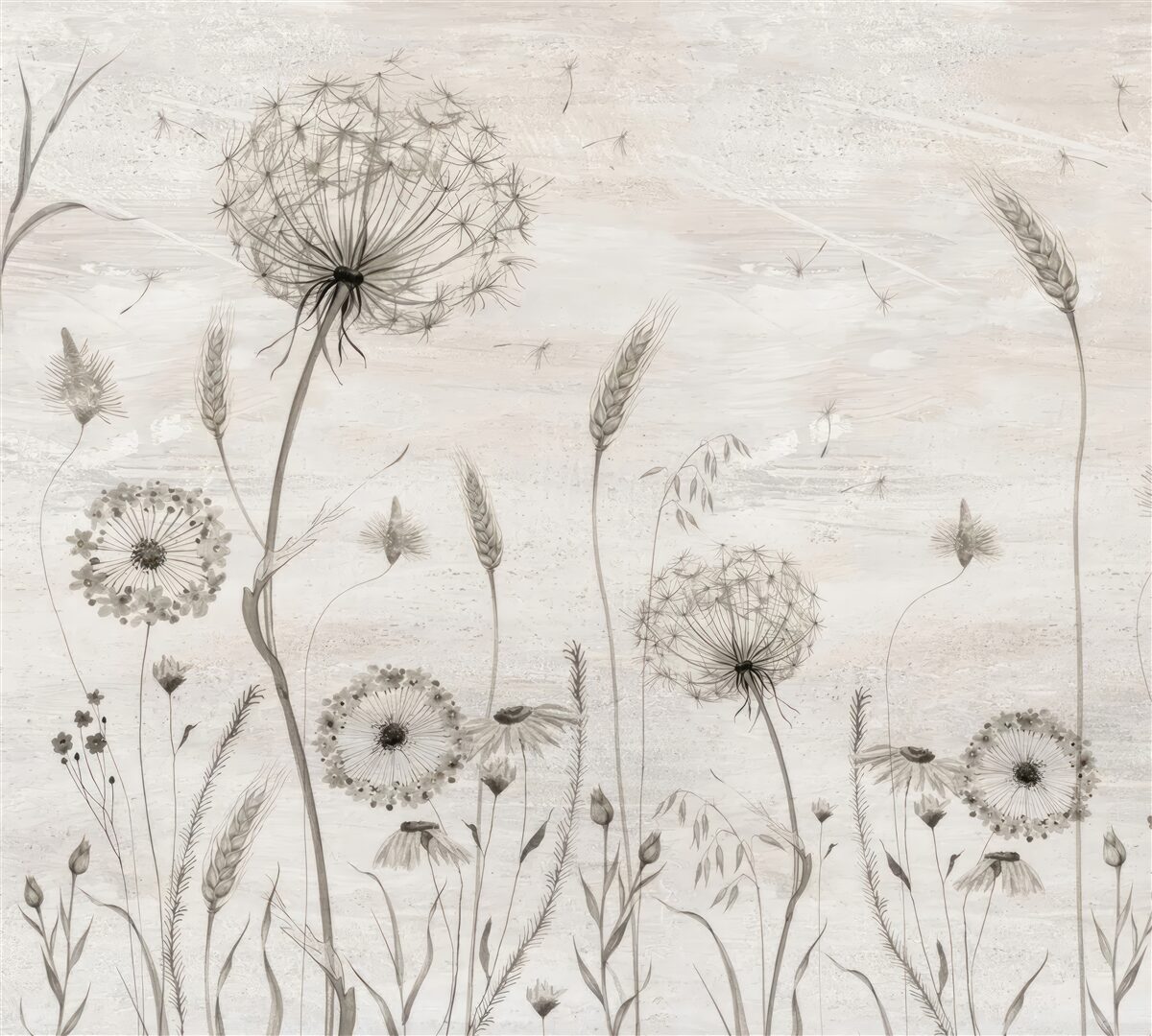 Papier peint illustration de pissenlits et d'épis de blé