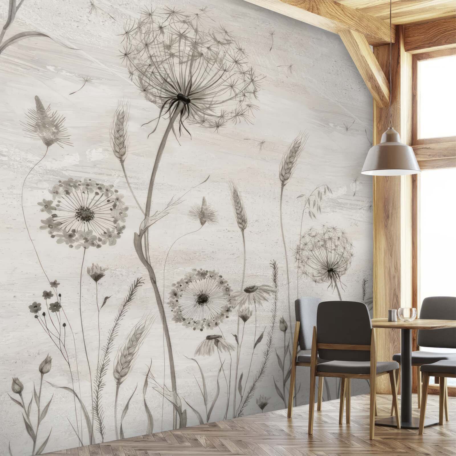 Papier peint illustration de pissenlits et d'épis de blé