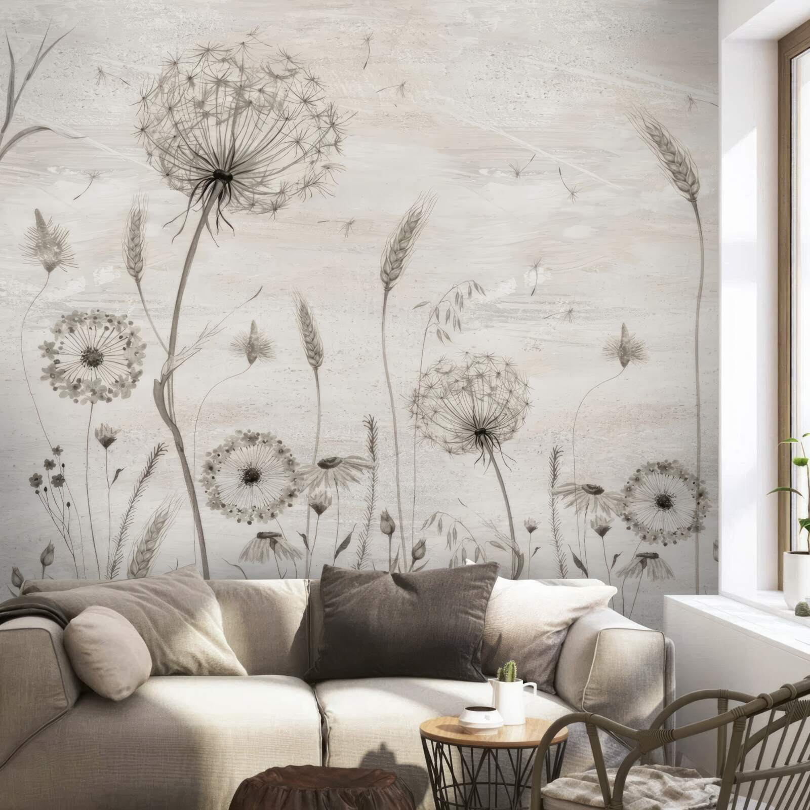 Papier peint illustration de pissenlits et d'épis de blé