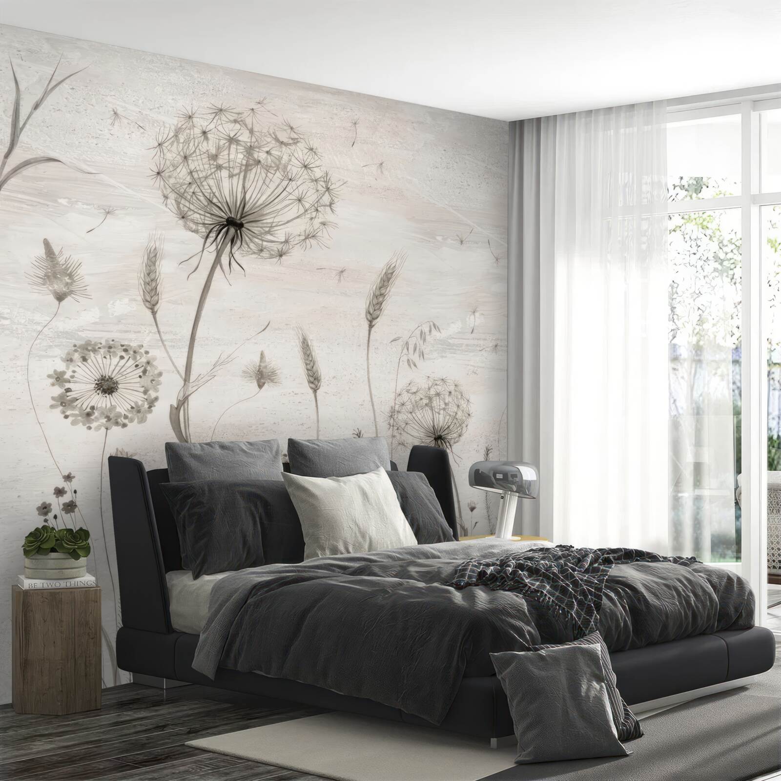 Papier peint illustration de pissenlits et d'épis de blé