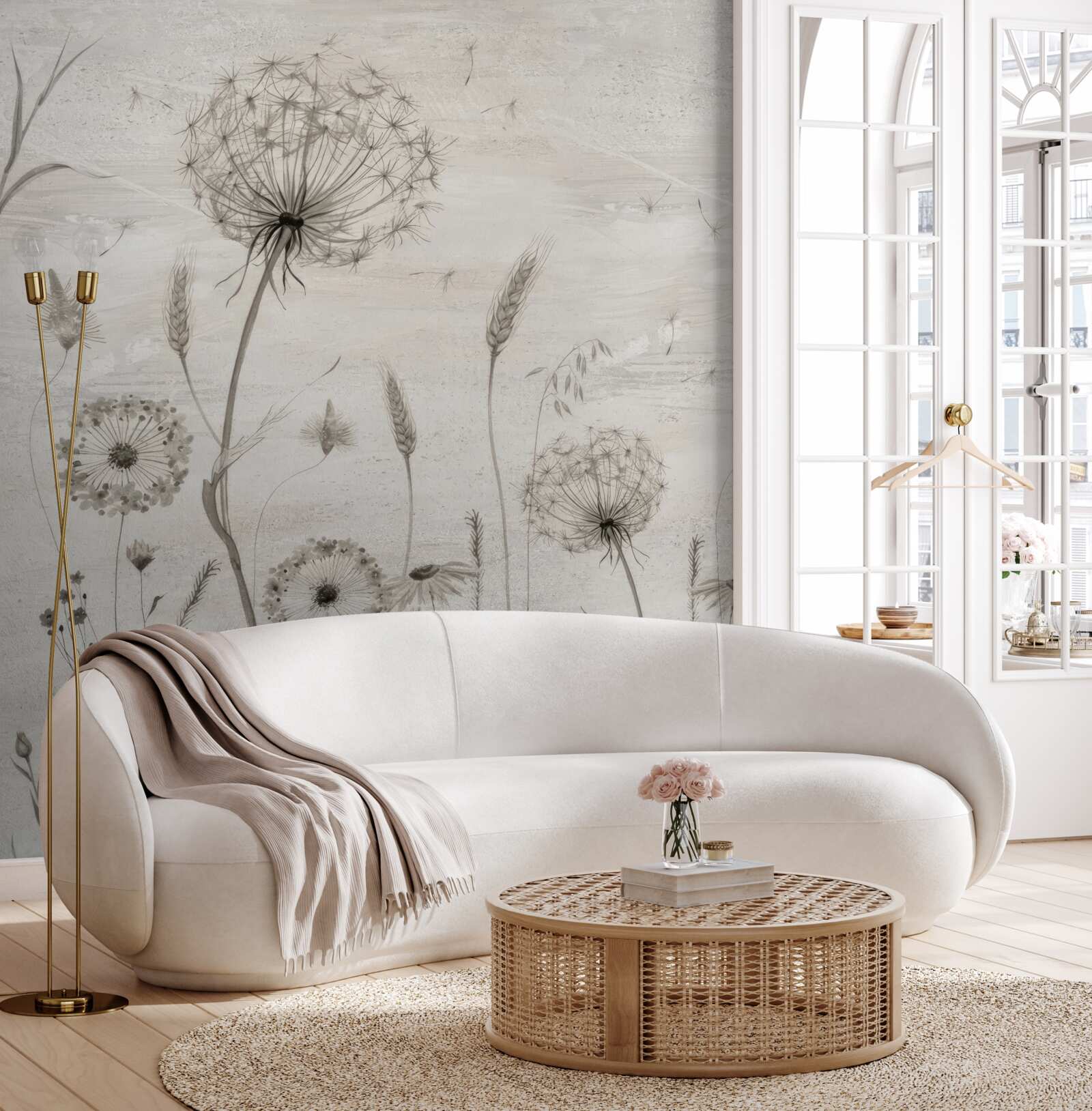 Papier peint illustration de pissenlits et d'épis de blé