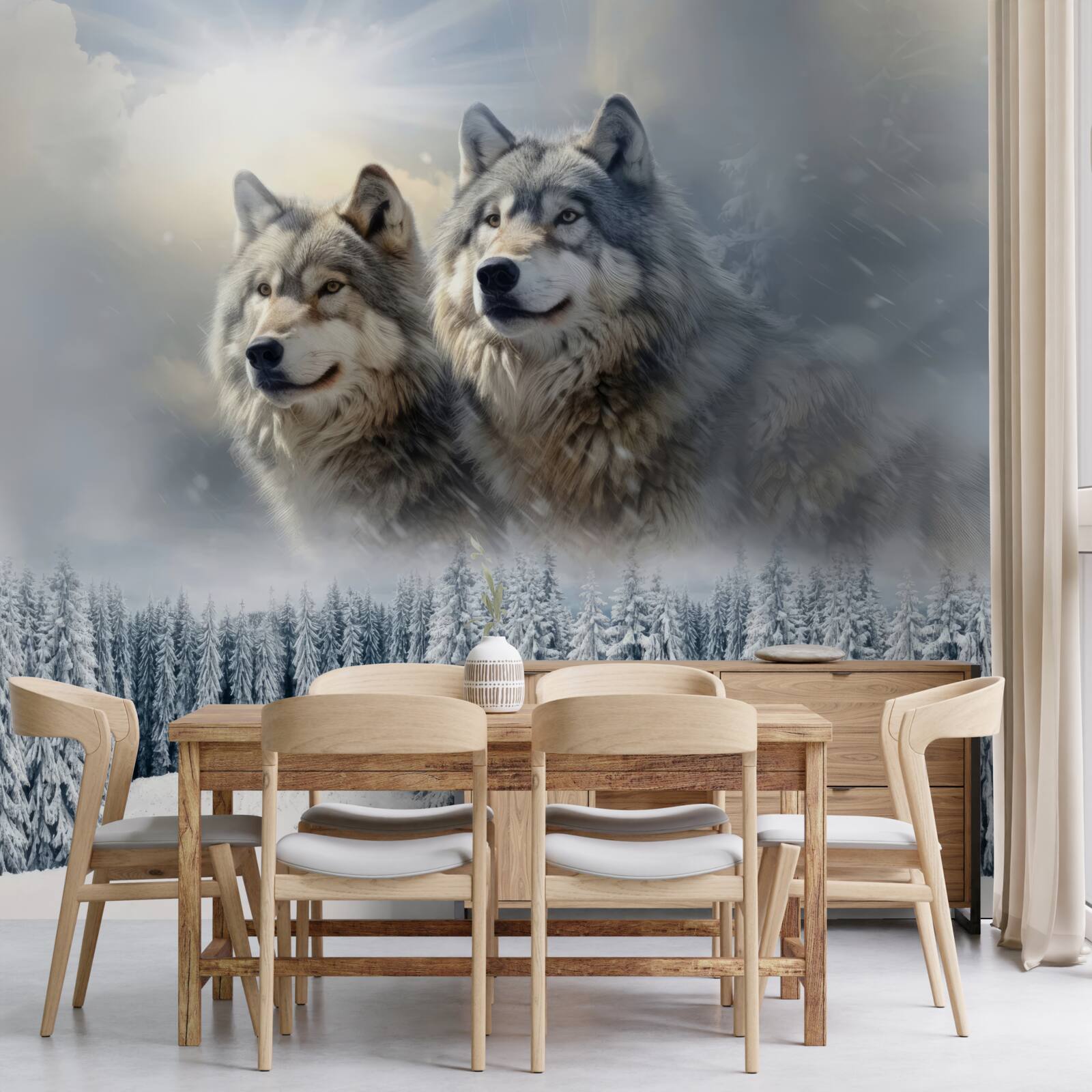 Papier peint deux loups sur fond de forêt enneigée