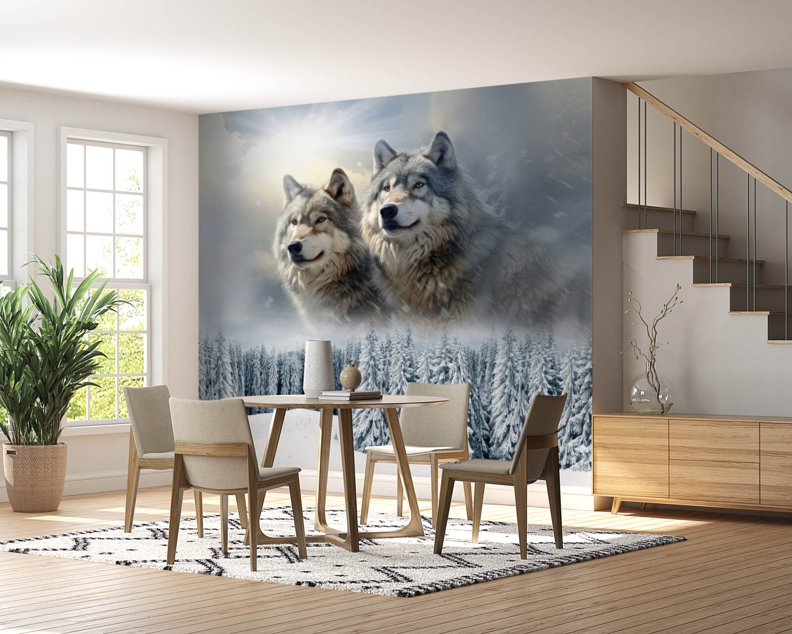 Papier peint deux loups sur fond de forêt enneigée