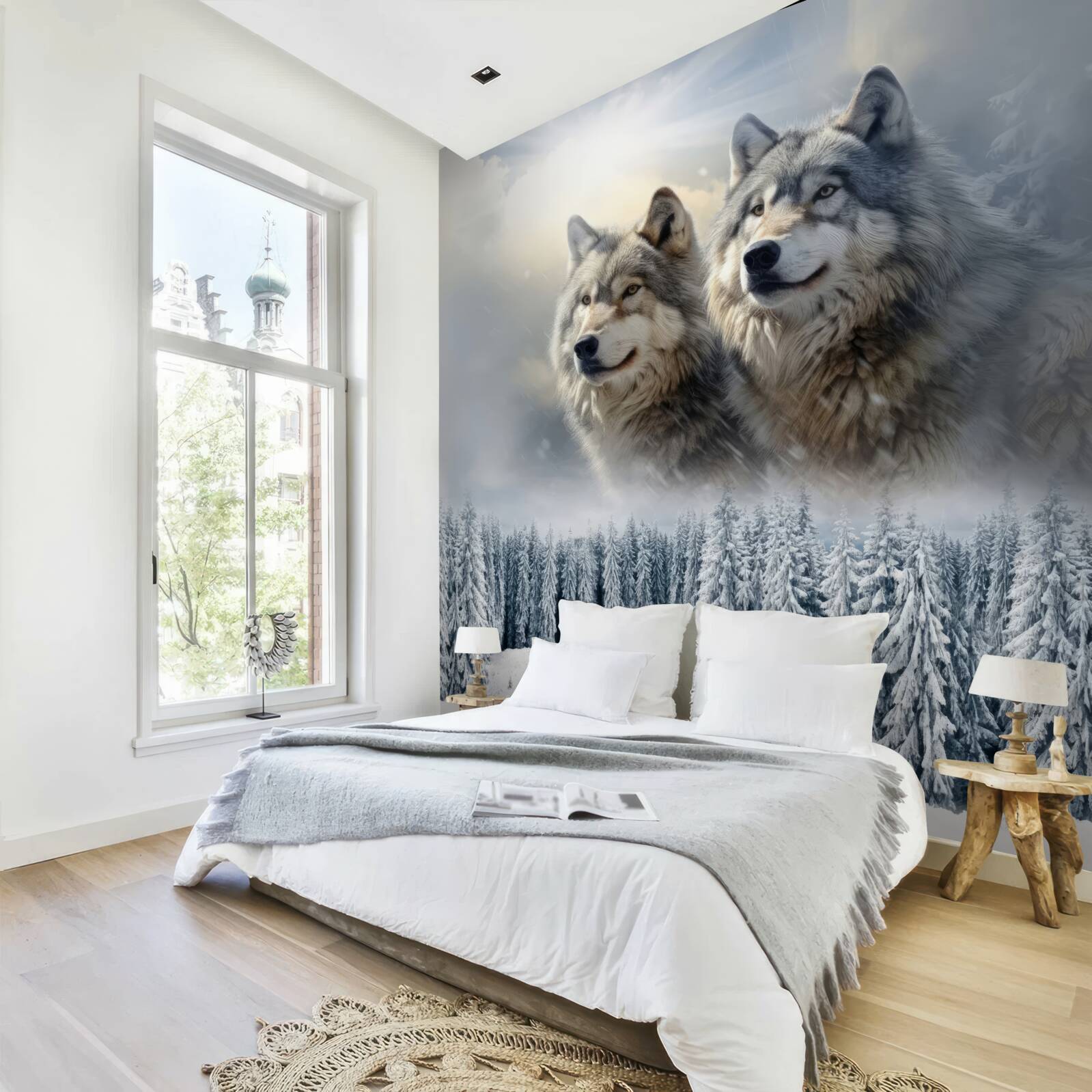 Papier peint deux loups sur fond de forêt enneigée