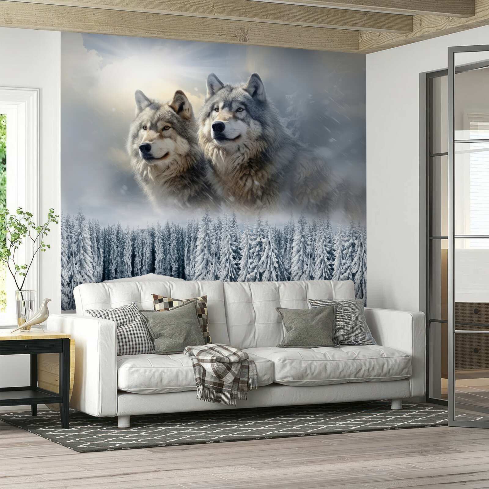 Papier peint deux loups sur fond de forêt enneigée