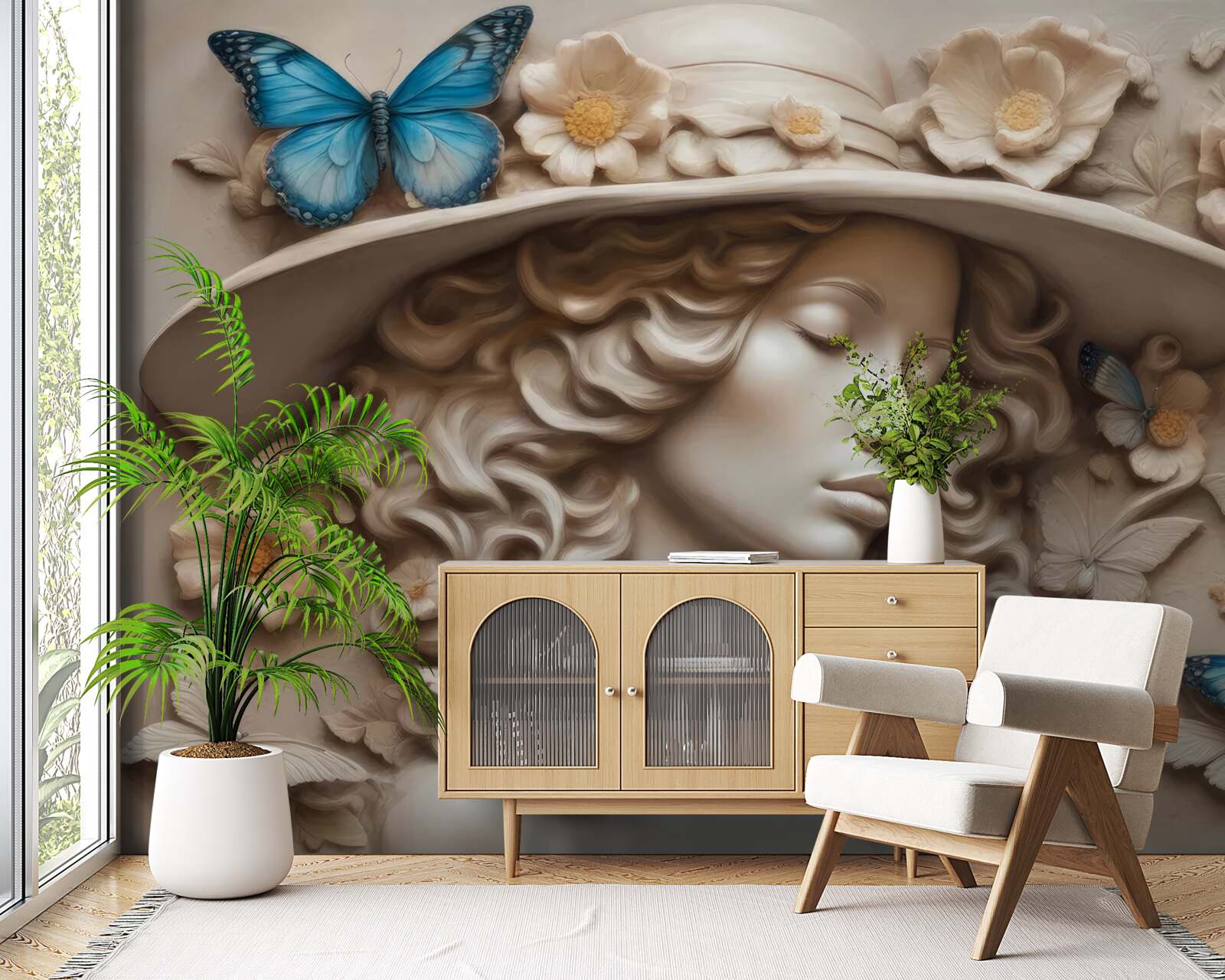 Papier peint fille avec chapeau et yeux fermés