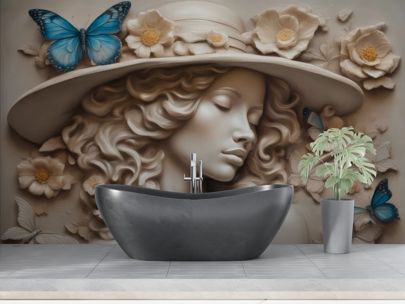 Papier peint fille avec chapeau et yeux fermés